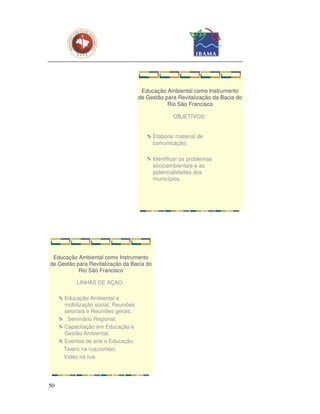 Educação Ambiental como Instrumento
                                    de Gestão para Revitalização da Bacia do
                                               Rio São Francisco

                                                   OBJETIVOS:


                                           Elaborar material de
                                           comunicação;

                                           Identificar os problemas
                                           sócioambientais e as
                                           potencialidades dos
                                           municípios.




 Educação Ambiental como Instrumento
de Gestão para Revitalização da Bacia do
           Rio São Francisco

          LINHAS DE AÇAO:

     Educação Ambiental e
     mobilização social, Reuniões
     setoriais e Reuniões gerais;
      Seminário Regional;
     Capacitação em Educação e
     Gestão Ambiental;
     Eventos de arte e Educação:
     Teatro na rua/cortejo;
     Vídeo na rua.




50
 