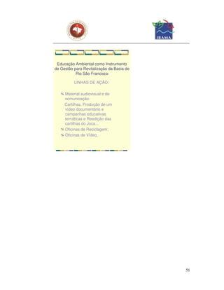 Educação Ambiental como Instrumento
de Gestão para Revitalização da Bacia do
           Rio São Francisco

          LINHAS DE AÇÃO:

     Material audiovisual e de
     comunicação:
     Cartilhas, Produção de um
     vídeo documentário e
     campanhas educativas
     temáticas e Reedição das
     cartilhas do Joca...
     Oficinas de Reciclagem;
     Oficinas de Vídeo.




                                           51
 
