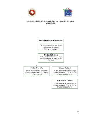 MODELO ORGANIZACIONAL DAS ATIVIDADES DO MEIO
                   AMBIENTE




                    P r ocur ador ia Ger al de Just iça


                     CAOP às Promotorias de Justiça
                        do Meio Ambiente e do
                         Patrimônio Histórico


                            Núcleo P et r olina
                     Núcleo das Promotorias de Justiça
                     do Meio Ambiente da Bacia do São
                                 Francisco




       Núcleo F lor est a                         Núcleo Our icur i
 Núcleo das Promotorias de Justiça        Núcleo das Promotorias de Justiça
do Meio Ambiente das sub-bacias do       do Meio Ambiente das sub-bacias do
          Pajeú e Moxotó                       Brígida, Garças e Pontal



                                              S ub-Núcleo B odocó
                                          Núcleo das Promotorias de Justiça
                                         do Meio Ambiente das sub-bacias do
                                               Brígida, Garças e Pontal




                                                                              91
 
