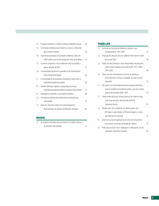 3.2   Privações ambientais no Índice de Pobreza Multidimensional      48    tAbELAS
3.3   As privações ambientais são maiores no acesso a combustível           2.1   Aumento nas emissões de dióxido de carbono e seus
          para cozinhar moderno                                       49             impulsionadores, 1970–2007                                    35
3.4   A parcela da população com privações ambientais sobe com              2.2 Projecção dos impactos de uma subida de meio metro no nível
          o IPM, embora com muita variação em torno da tendência      50              do mar até 2050                                              38
3.5 As mortes atribuíveis a riscos ambientais estão associadas a            2.3 Perdas de vidas humanas e custos relacionados com desastres,
          valores elevados do IPM                                     53            valores anuais medianos por grupo do IDH, 1971–1990 e
3.6   A desigualdade de género e a prevalência de contraceptivos                    1991–2010                                                      40
          estão intimamente ligadas                                   65    2.4   Países com bom desempenho em termos de ambiente,
3.7   A necessidade de contraceptivos insatisfeita é maior entre os                   desenvolvimento humano e equidade, ano mais recente
          multidimensionalmente pobres                                66              disponível                                                   45

4.1   Grandes diferenças regionais na proporção de pessoas                  3.1   Dez países com a mais baixa parcela de privações ambientais
          multidimensionalmente pobres privadas de electricidade      72              entre os multidimensionalmente pobres, ano mais recente
5.1   Integração da equidade na concepção de políticas                88              disponível do período 2000–2010                              50

5.2   A assistência oficial ao desenvolvimento está aquém das               3.2   Tempo médio gasto por semana à procura de madeira e água,
          necessidades                                                95              áreas rurais de países seleccionados da África
5.3   Aspectos-chave dos esforços de transformação dos                                Subsariana (horas)                                           61
          financiamentos do combate às alterações climáticas          102   3.3   Atitudes para com o ambiente, por género, países com
                                                                                      IDH baixo e muito elevado, 2010 (percentagem, a menos
                                                                                      que indicado em contrário)                                   67
MAPA
                                                                            4.1   Aspectos cruciais de equidade de um menu de instrumentos
2.1   As variações de temperatura são maiores nas regiões polares e
                                                                                      para reduzir as emissões de dióxido de carbono               74
          nas latitudes mais elevadas                                 37
                                                                            4.2   Protecção social com vista à adaptação e à redução do risco de
                                                                                      catástrofes: benefícios e desafios                           82




                                                                                                                                              ÍNDICE    xi
 