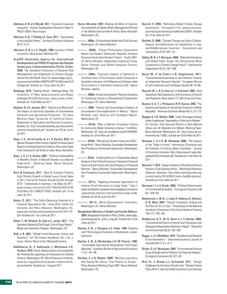 Atkinson, A. B. e S. Morelli. 2011. “Economic Crises and        Banco Mundial. 2007. Making the Most of Scarcity:           Barrett, S. 2009. “Rethinking Global Climate Change
         Inequality.” Human Development Research Paper 6.               Accountability for Better Water Management Results          Governance.” Economics 3 (5). www.economics-
         PNUD–GRDH, Nova Iorque.                                        in the Middle East and North Africa. Banco Mundial:         ejournal.org/economics/journalarticles/2009-5. Acedido
                                                                        Washington, DC.                                             em 15 de Julho de 2011.
      Atkinson, A. B., T. Piketty e E. Saez, 2011. “Top Incomes
         in the Long Run History.” Journal of Economic Literature     ———. 2008a. Environmental Health and Child Survival.        Bartlett, S. 2008. “Climate Change and Urban Children:
         49 (1): 3–71.                                                 Washington, DC: Banco Mundial.                               Impacts and Implications for Adaptation in Low-
                                                                                                                                    and Middle-Income Countries.” Environment and
      Atkinson, A. B. e J. E. Stiglitz. 1980. Lectures in Public      ———. 2008b. “Project Performance Assessment
                                                                                                                                    Urbanization 20 (2): 501–19.
         Economics. Nova Iorque: McGraw-Hill.                          Report Lao People’s Democratic Republic Southern
                                                                       Provinces Rural Electrification Project.” Credit 3047-     Bättig, M. B. e T. Bernauer. 2009. “National Institutions
      AusAID (Austrálian Agency for International
                                                                       LA. Banco Mundial, Independent Evaluation Group,             and Global Public Goods: Are Democracies More
        Development) and PNUD (Programa das Nações
                                                                       Sector Thematic and Global Evaluation Division,              Cooperative in Climate Change Policy?” International
        Unidas para o Desenvolvimento) Pacific Center.
                                                                       Washington, DC.                                              Organization 63 (2): 281–308.
        2008. The Gendered Dimension of Disaster-Risk
        Management and Adaptation to Climate Change:                  ———. 2008c. “Economic Impacts of Sanitation in              Baud, M., F. de Castro e B. Hogenboom. 2011.
        Stories from the Pacific. Suva, Fiji. www.undppc.org.fj/_      Southeast Asia: A Four-Country Study Conducted in            “Environmental Governance in Latin America: Towards
        resources/article/files/UNDP%20PC%20Climate%20                 Cambodia, Indonesia, the Philippines and Vietnam under       an Integrative Research Agenda.” European Review
        Change.pdf. Acedido em 14 de Julho de 2011.                    the Economics of Sanitation Initiative (ESI).” Banco         of Latin American and Caribbean Studies 90: 79–88.
                                                                       Mundial, Jakarta.
      Babbage. 2010. “Helping Hands.” Babbage (blog), The                                                                         Baumol, W. J., R. E. Litan e C. J. Schramm. 2007. Good
        Economist, 27 May. www.economist.com/blogs/                   ———. 2008d. Forests Sourcebook: Practical Guidance            Capitalism, Bad Capitalism e the Economics of Growth
        babbage/2010/05/techview_robot_every_home.                     for Sustaining Forests in Development Cooperation.           and Prosperity. New Haven, CT: Yale University Press.
        Acedido em 10 de Maio de 2011.                                 Washington, DC: Banco Mundial.
                                                                                                                                  Becker, G. S., T. J. Philipson e R. R. Soares. 2003. “The
      Badiani, R. e K. Jessoe, 2011. “Elections at What Cost?         ———. 2009. “Poverty and Social Impact Analysis of             Quantity and Quality of Life and the Evolution of World
        The Impact of Electricity Subsidies on Groundwater             Groundwater Over-exploitation in Mexico.” Banco              Inequality.” American Economic Review 95 (1): 277–79.
        Extraction and Agricultural Production.” UC Davis              Mundial, Latin America and Caribbean Region,
                                                                                                                                  Beegle, K. e Q. Wodon. 2006. “Labor Shortages Despite
        Working Paper. University of California–Davis,                 Washington, DC.
                                                                                                                                    Under-Employment. Seasonality in Time Use in Malawi.”
        Department of Agriculture and Resource Economics,
                                                                      ———. 2010a. “Maji ni Maisha: Innovative Finance               Em Gender, Time Use and Poverty in Sub-Saharan
        Berkley, CA. http://areweb.berkeley.edu/documents/
                                                                       for Community Water Schemes in Kenya.” 3 de Maio.            Africa, eds. M. Blackden e Q. Wodon. Working Paper.
        seminar/JessoeDraft.pdf. Acedido em 20 de Junho
                                                                       Washington, DC. http://go.worldbank.org/HX72K0KP00.          Banco Mundial, Washington, DC. http://mpra.ub.uni-
        de 2011.
                                                                       Acedido em 20 de Maio de 2011.                               muenchen.de/11083/. Acedido em 26 de Maio de 2011.
      Baez, J. E., de la Fuente, A. e I. V. Santos. 2010. Do
                                                                      ———. 2010b. “Monitoring Climate Finance and ODA.”           Bennear, L. S. e S. M. Olmstead. 2006. “The Impacts
        Natural Disasters Affect Human Capital? An Assessment
                                                                       Issues Brief 1. Banco Mundial, Sustainable Development       of the “Right to Know”: Information Disclosure and
        Based on Existing Empirical Evidence. Discussion Paper
                                                                       Vice Presidency, Environment Department, Washington,         the Violation of Drinking Water Standards.” Journal
        5164. Institute for the Study of Labor, Bona, Alemanha.
                                                                       DC.                                                          of Economic Literature. http://cbey.research.yale.edu/
      Baez, J. E. e I. V. Santos. 2007. “Children’s Vulnerability                                                                   uploads/File/olmstead.pdf. Acedido em 3 de Maio de
                                                                      ———. 2010c. “Enabling Reforms: A Stakeholder-Based
        to Weather Shocks: A Natural Disaster as a Natural                                                                          2011.
                                                                       Analysis of the Political Economy of Tanzania’s Charcoal
        Experiment.” Working Paper. Banco Mundial,
                                                                       Sector and the Poverty and Social Impacts of Proposed      Bernard, T. 2010. “Impact Analysis of Rural Electrification
        Washington, DC.
                                                                       Reforms.” Banco Mundial, Sustainable Development             Projects in Sub-Saharan Africa.” World Bank Research
      Bain & Company. 2011. “Bain & Company Predicts                   Vice Presidency, Environment Department, Washington,         Observer. Setembro. http://wbro.oxfordjournals.org/
        Eight Percent Growth in Global Luxury Goods Sales              DC.                                                          content/early/2010/09/01/wbro.lkq008.abstract.
        in 2011; Five-to-Six Percent Annual Growth through                                                                          Acedido em 5 de Julho de 2011.
                                                                      ———. 2011a. “Applying Innovative Approaches to
        2014.” Comunicado à imprensa, 3 de Maio de 2011.
                                                                       Improve Rural Sanitation at Large Scale.” http://          Bernauer, T. e V. Koubi. 2009. “Political Determinants
        www.reuters.com/article/2011/05/03/idUS16745
                                                                       water.worldbank.org/water/news/applying-innovative           of Environmental Quality.” Ecological Economics 68
        5+03-May-2011+BW20110503. Acedido em 14 de
                                                                       -approaches-improve-rural-sanitation-large-scale.            (5): 1355–65.
        Julho de 2011.
                                                                       Acedido em 20 de Junho de 2011.
                                                                                                                                  Bettencourt, L. M. A., J. Lobo, D. Helbing e C. Kühnert,
      Baker, D. 2011. “The Deficit-Reducing Potential of a
                                                                      ———. 2011b. World Development Indicators.                     G. B. West. 2007. “Growth, Innovation, Scaling and
        Financial Speculation Tax.” Issue Brief. Center for
                                                                       Washington, DC: Banco Mundial.                               the Pace of Life in Cities.” Proceedings of the National
        Economic and Policy Research, Washington, DC.
                                                                                                                                    Academy of Sciences of the United States of America
        www.cepr.net/documents/publications/fst-2011-01.              Bangladesh Ministry of Health and Family Welfare.
                                                                                                                                    104 (17): 7301–06.
        pdf. Acedido em 1 de Junho de 2011.                             2004. Bangladesh Population Policy. Dhaka. www.dgfp.
                                                                        gov.bd/population_policy_eng.pdf. Acedido em 15 de        Biddlecom, A. E., W. G. Axinn e J. S. Barber. 2005.
      Baker T., M. Roberts, B. Cole e C. Jacks. 2011. “The
                                                                        Julho de 2011.                                               “Environmental Effects of Family Size Preferences and
        Sanitation Marketing Pilot Project: End of Project Report.”
                                                                                                                                     Subsequent Reproductive Behavior in Nepal.” Population
        Water and Sanitation Program, Washington, DC.                 Barbier, E. B., J. Burgess e C. Folke. 1994. Paradise
                                                                                                                                     and Environment 26 (3): 183–206.
                                                                        Lost? The Ecological Economics of Biodiversity. London:
      Ball, J. B. 2001. “Global Forest Resources: History and
                                                                        Earthscan.                                                Biggar, J. e C. Middleton. 2010. “Broadband and Network
        Dynamics.” Em The Forests Handbook. Vol. 1, ed. J.
                                                                                                                                     Environmentalism.” Telecommunications Journal of
        Evans. Oxford, Reino Unido: Blackwell Science.                Barbier, E. B., A. Markandya e D. W. Pearce. 1990.
                                                                                                                                     Austrália 60 (1): 9.1–9.17.
                                                                        “Sustainable Agricultural Development and Project
      Ballesteros, A., S. Nakhooda, J. Werksman e K.
                                                                        Appraisal.” European Review of Agricultural Economics     Binder, S. e E. Neumayer. 2005. “Environmental Pressure
        Hurlburt. 2010. Power, Responsibility e Accountability:
                                                                        17 (2): 181–96.                                              Group Strength and Air Pollution: An Empirical Analysis.”
        Re-Thinking the Legitimacy of Institutions for Climate
                                                                                                                                     Ecological Economics 55: 527–38.
        Finance. Washington, DC: World Resources Institute.           Bardasi, E. e Q. Wodon. 2009. “Working Long Hours
        www.wri.org/publication/power-responsibility-                   and Having No Choice: Time Poverty in Guinea.”            Bird, N., J. Brown e L. Schalatek. 2011. “Design
        accountability. Acedido em 1 August 2011.                       Policy Research Working Paper 4961. Banco Mundial,           Challenges for the Green Climate Fund.” Climate Finance
                                                                        Washington, DC.                                              Policy Brief 4. Heinrich Boell Foundation and Overseas



114     RElatóRio Do DEsEnvolvimEnto Humano 2011
 