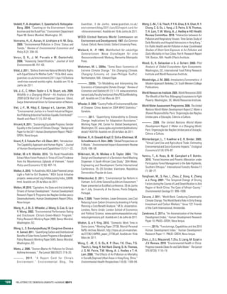 Vedeld, P., A. Angelsen, E. Sjaastad e G. Kobugabe-               Guardian, 3 de Junho. www.guardian.co.uk/                 Wong, C.-M., T. Q. Thach, P. Y. K. Chau, E. K. Chan, R. Y.
        Berg. 2004. “Counting on the Environment: Forest                environment/blog/2011/jun/03/report-card-for                Chung, C. Q. Ou, L. Yang, J. S. Peiris, G. N. Thomas,
        Incomes and the Rural Poor.” Environment Department             -china-environment. Acedido em 16 de Junho de 2011.         T. H. Lam, T. W. Wong, A. J. Hedley e HEI Health
        Paper 98. Banco Mundial, Washington, DC.                                                                                    Review Committee. 2010. “Interaction between Air
                                                                     WCED (United Nations World Commission on
                                                                                                                                    Pollution and Respiratory Viruses: Time-Series Study of
      Vennemo, H., K. Aunan, H. Lindhjem e H. M. Seip.                Environment and Development). 1987. Our Common
                                                                                                                                    Daily Mortality and Hospital Admissions in Hong Kong.”
        2009. “Environmental Pollution in China: Status and           Future. Oxford, Reino Unido: Oxford University Press.
                                                                                                                                    Em Public Health and Air Pollution in Asia: Coordinated
        Trends.” Review of Environmental Economics and
                                                                     Weikard, H. -P. 1999. Wahlfreiheit für zukünftige              Studies of Short-Term Exposure to Air Pollution and
        Policy 3 (2): 209–30.
                                                                      Generationen. Neue Grundlagen für eine                        Daily Mortality in Four Cities, Part 4. Research Report
      Veron, S. R., J. M. Paruelo e M. Oesterheld.                    Ressourcenökonomik. Marburg, Alemanha: Metropolis             154. Boston, MA: Health Effects Institute.
        2006. “Assessing Desertification.” Journal of Arid            Press.
                                                                                                                                  Wood, S., K. Sebastian e S. J. Scherr. 2000. Pilot
        Environments 66: 751–63.
                                                                     Weitzman, M. L. 2009a. “Some Basic Economics of               Analysis of Global Ecosystems: Agro Ecosystems.
      Vidal, J. 2011. “Bolivia Enshrines Natural World’s Rights       Extreme Climate Change.” Em Changing Climate,                Washington, DC: International Food Policy Research
         with Equal Status for Mother Earth.” 10 de Abril. www.       Changing Economy, ed. Jean-Philippe Touffut.                 Institute and World Resources Institute.
         guardian.co.uk/environment/2011/apr/10/bolivia               Northampton, MA : Edward Elgar.
                                                                                                                                  Wooldridge, J. M. 2003. Introductory Econometrics: A
         -enshrines-natural-worlds-rights. Acedido em 16 de
                                                                     ———. 2009b. “On Modelling and Interpreting the                 Modern Approach. Berkeley, CA: South Western College
         Junho de 2011.
                                                                      Economics of Catastrophic Climate Change.” Review of          Publications.
      Vié, J.-C., C. Hilton-Taylor e S. N. Stuart, eds. 2009.         Economics and Statistics 91 (1): 1–19. www.economics.
                                                                                                                                  World Resources Institute. 2005. World Resources 2005:
         Wildlife in a Changing World—An Analysis of the              harvard.edu/faculty/weitzman/files/REStatModeling.
                                                                                                                                    The Wealth of the Poor, Managing Ecosystems to Fight
         2008 IUCN Red List of Threatened Species. Gland,             pdf. Acedido em 23 de Maio de 2011.
                                                                                                                                    Poverty. Washington, DC: World Resources Institute.
         Suíça: International Union for Conservation of Nature.
                                                                     Wheeler, D. 2009. “Country Profile of Environmental Burden
                                                                                                                                  World Water Assessment Programme. 2006. The United
      Viel, J.-F., M. Hägi, E. Upegui e L. Laurian. 2010.              of Disease: China, based on 2004 WHO Statistics.”
                                                                                                                                    Nations World Water Development Report 2: Water a
         “Environmental Justice in a French Industrial Region:         Genebra.
                                                                                                                                    Shared Responsibility. Paris: Organização das Nações
         Are Polluting Industrial Facilities Equally Distributed?”
                                                                     ———. 2011. “Quantifying Vulnerability to Climate               Unidas para a Educação, Ciência e Cultura.
         Health and Place 17 (1): 257–62.
                                                                      Change: Implications for Adaptation Assistance.”
                                                                                                                                  ———. 2009. The United Nations World Water
      Vincent, K. 2011. “Sustaining Equitable Progress: Gender        Working Paper 240. Center for Global Development,
                                                                                                                                   Development Report 3: Water in a Changing World.
         Equality in the Context of Climate Change.” Background       Washington, DC. www.cgdev.org/content/publications/
                                                                                                                                   Paris: Organização das Nações Unidas para a Educação,
         Paper for the 2011 Human Development Report. PNUD–           detail/1424759. Acedido em 29 de Maio de 2011.
                                                                                                                                   Ciência e Cultura.
         GRDH, Nova Iorque.
                                                                     Widmer, R., H. Oswald-Krapf, D. Sinha-Khetriwal, M.
                                                                                                                                  Würtenberger, L., T. Koellner e C. R. Binder. 2005.
      Vizard, P., S. Fukuda-Parr e D. Elson. 2011. “Introduction:      Schnellmann e H. Böni. 2005. “Global Perspectives on
                                                                                                                                   “Virtual Land Use and Agricultural Trade: Estimating
         The Capability Approach and Human Rights.” Journal            E-Waste.” Environmental Impact Assessment Review
                                                                                                                                   Environmental and Socio-Economic Impacts.” Ecological
         of Human Development and Capabilities 12 (1): 1–22.           25 (5): 436–58
                                                                                                                                   Economics 57 (4): 679–97.
      Volker, M. e H. Waible. 2010. “Do Rural Households             Wilkinson, M., N. Moilwa e B. Taylor. 2004. “The
                                                                                                                                  Yemiru, T., A. Roos, B. M. Campbell e F. Bohlin.
        Extract More Forest Products in Times of Crisis? Evidence      Design and Development of a Sanitation Hand Washing
                                                                                                                                    2010. “Forest Incomes and Poverty Alleviation under
        from the Mountainous Uplands of Vietnam.” Forest               Dispenser: A South African Case Study.” 30th Water,
                                                                                                                                    Participatory Forest Management in the Bale Highlands,
        Policy and Economics 12 (6): 407–14.                           Engineering and Development Centre International
                                                                                                                                    Southern Ethiopia.” International Forestry Review 12
                                                                       Conference, 25–29 October, Vientiane, República
      Walker, A. 2010. “In Rural India, IKEA Solar-Powered Lamps                                                                    (1): 66–77.
                                                                       Democrática Popular do Laos.
        Light a Path for Girl Students.” IKEA Social Initiative
                                                                                                                                  Yonghuan, M., S. Fan, L. Zhou, Z. Dong, K. Zhang
        projects. www.unicef.org/infobycountry/india_53698.          Willenbockel, D. 2011. “Environmental Tax Reform in
                                                                                                                                    e J. Feng. 2007. “The Temporal Change of Driving
        html. Acedido em 28 de Maio de 2011.                           Vietnam: An Ex Ante General Equilibrium Assessment.”
                                                                                                                                    Factors during the Course of Land Desertification in Arid
                                                                       Paper presented at EcoMod conference, 29 de Junho
      Walton, M. 2010. “Capitalism, the State and the Underlying                                                                    Region of North China: The Case of Minqin County.”
                                                                       de–1 July, University of the Azores, Ponta Delgada,
        Drivers of Human Development.” Human Development                                                                            Environmental Geology 51: 999–1008.
                                                                       Portugal.
        Research Paper 9. Programa das Nações Unidas para o
                                                                                                                                  Zacune, J. 2011. “World Bank: Catalyzing Catastrophic
        Desenvolvimento, Human Development Report Office,            Wire, T. 2009. “Fewer Emitters, Lower Emissions, Less Cost
                                                                                                                                    Climate Change: The World Bank’s Role in Dirty Energy
        Nova Iorque.                                                   Reducing Future Carbon Emissions by Investing in Family
                                                                                                                                    Investment and Carbon Markets.” Issue 122. Friends
                                                                       Planning a Cost/Benefit Analysis.” M.Sc. dissertation.
      Wang, H., J. Bi, D. Wheeler, J. Wang, D. Cao, G. Lu e                                                                         of the Earth International, Amsterdão.
                                                                       Londres, Reino Unido: London School of Economics
        Y. Wang. 2002. “Environmental Performance Rating
                                                                       and Political Science. www.optimumpopulation.org/          Zambrano, E. 2011a. “An Axiomatization of the Human
        and Disclosure: China’s Green-Watch Program.”
                                                                       reducingemissions.pdf. Acedido em 3 de Julho de 2011.        Development Index.” Human Development Research
        Policy Research Working Paper 2889. Banco Mundial,
                                                                                                                                    Paper 10. PNUD–GRDH, Nova Iorque.
        Washington, DC.                                              Wodon, Q. e Y. Ying. 2010. “Domestic Work Time in
                                                                      Sierra Leone.” Working Paper 27736. Munich Personal         ———. 2011b. “Functionings, Capabilities and the 2010
      Wang, L., S. Bandyopadhyay, M. Cosgrove-Davies e
                                                                      RePEc Archive, Munich. http://mpra.ub.uni-muenchen.          Human Development Index.” Human Development
        H. Samad. 2011. “Quantifying Carbon and Distributional
                                                                      de/27736/1/MPRA_paper_27736.pdf. Acedido em 19 de            Research Paper 11. PNUD–GRDH, Nova Iorque.
        Benefits of Solar Home System Programs in Bangladesh.”
                                                                      Maio de 2011.
        Policy Research Working Paper 5545. Banco Mundial,                                                                        Zhan, J., D. L. Mauzerall, T. Zhu, S. Liang, M. Ezzati e
        Washington, DC.                                              Wong, C. -M., C. Q. Ou, K. P. Chan, Y.K. Chau, T.Q.            J.V. Remais. 2010. “Environmental Health in China:
                                                                      Thach, L. Yang, R. Yat-Nork Chung, G. N. Thomas,              Progress towards Clean Air and Safe Water.” The Lancet
      Watts, J. 2006. “Doctors Blame Air Pollution for China’s
                                                                      J. S. M. Peiris, T.W. Wong, A. J. Hedley e T.-H.              375 (9720): 1110–19.
        Asthma Increases.” The Lancet 368 (9537): 719–20.
                                                                      Lam. 2008. “The Effects of Air Pollution on Mortality
      ———. 2011. “A Report Card for China’s                           in Socially Deprived Urban Areas in Hong Kong, China.”
       Environment.” Environmental Blog, The                          Environmental Health Perspectives 116 (9): 1189–94.




126     RElatóRio Do DEsEnvolvimEnto Humano 2011
 