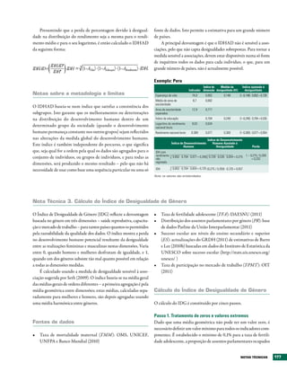 Presumindo que a perda de percentagem devido à desigual-                    fonte de dados. Isto permite a estimativa para um grande número
dade na distribuição do rendimento seja a mesma para o rendi-                   de países.
mento médio e para o seu logaritmo, é então calculado o IDHAD                       A principal desvantagem é que o IDHAD não é sensível a asso-
da seguinte forma:                                                              ciações, pelo que não capta desigualdades sobrepostas. Para tornar a
                                                                                medida sensível a associações, devem estar disponíveis numa só fonte
                                                                                de inquéritos todos os dados para cada indivíduo, o que, para um
          IDHAD* .
IDHAD =            IDH = 3 (1–AVida) . (1–AEducação) . (1–ARendimento) . IDH.   grande número de países, não é actualmente possível.
            IDH*
                                                                                Exemplo: Peru
                                                                                                                           Índice de   Medida da               Índice ajustado à
                                                                                                                 Indicador dimensão desigualdade (A1)            desigualdade
Notas sobre a metodologia e limites                                              Esperança de vida                 74,0        0,852           0,148         (1–0,148) ∙ 0,852 = 0,728
                                                                                 Média de anos de                   8,7        0,662
                                                                                 escolaridade
O IDHAD baseia-se num índice que satisfaz a consistência dos
                                                                                 Anos de escolaridade              12,9        0,717
subgrupos. Isto garante que os melhoramentos ou deteriorações                    esperados
na distribuição do desenvolvimento humano dentro de um                           Índice de educação                            0,704           0,240         (1–0,240) ∙ 0,704 = 0,535
                                                                                 Logaritmo do rendimento           9,03        0,634
determinado grupo da sociedade (quando o desenvolvimento                         nacional bruto
humano permaneça constante nos outros grupos) sejam reflectidos                  Rendimento nacional bruto         8.389       0,077           0,300         (1–0,300) ∙ 0,077 = 0,054
nas alterações da medida global do desenvolvimento humano.                                                                       Índice de Desenvolvimento
Este índice é também independente do percurso, o que significa                                    Índice de Desenvolvimento          Humano Ajustado à
                                                                                                           Humano                       Desigualdade                    Perda
que, seja qual for a ordem pela qual os dados são agregados para o               IDH com
                                                                                 rendimento   3
                                                                                                   0,852 . 0,704 . 0,077 = 0,359 3 0,728 . 0,535 . 0,054 = 0,275 1 – 0,275 / 0,359
conjunto de indivíduos, ou grupos de indivíduos, e para todas as                 não                                                                                  = 0,232
                                                                                 registado
dimensões, será produzido o mesmo resultado – pelo que não há
necessidade de usar como base uma sequência particular ou uma só                 IDH
                                                                                              3
                                                                                                   0,852 . 0,704 . 0,634 = 0,725 (0,275 / 0,359) . 0,725 = 0,557

                                                                                Nota: os valores são arredondados.




Nota técnica 3. Cálculo do Índice de Desigualdade de género

O Índice de Desigualdade de Género (IDG) reflecte a desvantagem                 •	 Taxa de fertilidade adolescente (TFA): DAESNU (2011)
baseada no género em três dimensões – saúde reprodutiva, capacita-              •	 Distribuição dos assentos parlamentares por género (PR): base
ção e mercado de trabalho – para tantos países quantos os permitidos               de dados Parline da União Interparlamentar (2011)
pela razoabilidade da qualidade dos dados. O índice mostra a perda              •	 Sucesso escolar aos níveis do ensino secundário e superior
no desenvolvimento humano potencial resultante da desigualdade                     (ES): actualizações do GRDH (2011) de estimativas de Barro
entre as realizações femininas e masculinas nestas dimensões. Varia                e Lee (2010b) baseadas em dados do Instituto de Estatística da
entre 0, quando homens e mulheres desfrutam de igualdade, e 1,                     UNESCO sobre sucesso escolar (http://stats.uis.unesco.org/
quando um dos géneros subsiste tão mal quanto possível em relação                  unesco/ )
a todas as dimensões medidas.                                                   •	 Taxa de participação no mercado de trabalho (TPMT): OIT
    É calculado usando a medida de desigualdade sensível à asso-                   (2011)
ciação sugerida por Seth (2009). O índice baseia-se na média geral
das médias gerais de ordens diferentes – a primeira agregação é pela
média geométrica entre dimensões; estas médias, calculadas sepa-                Cálculo do Índice de Desigualdade de género
radamente para mulheres e homens, são depois agregadas usando
uma média harmónica entre géneros.                                              O cálculo do IDG é constituído por cinco passos.

                                                                                Passo 1. Tratamento de zeros e valores extremos
Fontes de dados                                                                 Dado que uma média geométrica não pode ter um valor zero, é
                                                                                necessário definir um valor mínimo para todos os indicadores com-
•	 Taxa de mortalidade maternal (TMM): OMS, UNICEF,                             ponentes. É estabelecido o mínimo de 0,1% para a taxa de fertili-
   UNFPA e Banco Mundial (2010)                                                 dade adolescente, a proporção de assentos parlamentares ocupados


                                                                                                                                                              NOtAS téCNICAS             177
 
