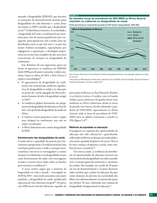 FIGURA 2.4
ajustado à desigualdade (IDHAD), que desconta
                                                         As elevadas taxas de prevalência de vIH/SIDA na África Austral
as realizações do desenvolvimento humano pelas
                                                         retardam as melhorias na desigualdade da saúde
desigualdades de cada dimensão e, assim, desce
                                                         Perda percentual no componente da saúde do IDH devida à desigualdade, 1970–2010
em relação ao IDH à medida que a desigualdade
                                                            Índice de Desigualdade de Atkinson
cresce14. A ideia básica é intuitiva. A escolaridade e
                                                           0,5                                                                                               Botswana
a longevidade (tal como o rendimento) são neces-                                                                                                             Lesoto
sárias para viver de maneira gratificante; por con-                                                                                                          África do Sul
seguinte, preocupamo-nos com o modo como são               0,4                                                                                               Zimbabué
distribuídas entre os que têm mais e os que têm
menos. Embora incompleta, especialmente por                0,3
negligenciar a capacitação, a abordagem propor-
ciona um retrato mais completo do que uma mera
concentração de atenções na desigualdade do                0,2

rendimento.
     Este Relatório dá um importante passo em              0,1
frente ao apresentar as tendências do IDHAD                      1970        1975         1980          1985          1990         1995          2000          2005         2010
desde 1990 para 66 países (consultar a tabela esta-
                                                         Nota: consultar a Nota Técnica 2 para a definição da medida de desigualdade de Atkinson. Cada observação representa uma média
tística 3 para os valores de 2011; a Nota Técnica 2
                                                         de cinco anos.
explica a metodologia)15.                                Fonte: cálculos do GRDH baseados em dados sobre a esperança de vida do DAESNU, Divisão da População, Secção de Estimativas e
•	 O agravamento da desigualdade do rendi-               Projecções da População, e em Fuchs e Jayadev (2011).

     mento tem neutralizado melhorias significa-
     tivas da desigualdade na saúde e na educação,
     ao ponto de a perda agregada do desenvolvi-         perto pelas melhorias na Ásia Oriental e Pacífico
     mento humano devido à desigualdade atingir          e na América Latina e Caraíbas, com os Estados
     os 24%16.                                           Árabes a pouca distância. Os ganhos foram mais
•	 As tendências globais dissimulam um alarga-           modestos na África Subsariana, desde os níveis
     mento da desigualdade da educação na Ásia do        de partida mais baixos, devido sobretudo à pan-
     Sul e uma profunda desigualdade da saúde em         demia de VIH/SIDA, especialmente na África
     África.                                             Austral, onde as taxas de prevalência de VIH/
•	 A América Latina permanece como a região              SIDA entre os adultos continuam a exceder os
     mais desigual no rendimento, mas não na             15% (figura 2.4)19.
     saúde e na educação.
•	 A África Subsariana tem a maior desigualdade          Melhoria da equidade na educação
     de IDH.                                             O progresso na expansão das oportunidades de
                                                         educação tem sido substancial e generalizado,
Estreitamento das desigualdades da saúde                 reflectindo melhorias na duração da escolaridade e
A saúde afecta a capacidade das pessoas para fun-        uma maior equidade de género e do acesso. Não só
cionarem e prosperarem. Os indícios mostram uma          há mais crianças a frequentar a escola, como tam-
correlação positiva entre a saúde e a situação socio-    bém há mais a concluí-la20.
económica. Isso levou os investigadores a centrar             Tal como na saúde, as tendências da distribui-
atenções no rendimento e nas desigualdades sociais       ção de oportunidades de educação mostram um
como determinantes da saúde, com investigações           estreitamento das desigualdades em todo o mundo,
recentes a usarem novos dados sobre as famílias          com o aumento geral das matrículas e conclusões
para examinar as tendências17.                           de estudos. Por exemplo, um estudo de 29 países
    A nossa análise sugere que o aumento da              em vias de desenvolvimento e 13 países desenvol-
longevidade em todo o mundo – investigado no             vidos concluiu que o poder da educação dos pais
RDH de 2010 – tem estado associada a uma maior           como elemento de previsão da escolaridade dos
equidade: a desigualdade da saúde, medida pela           filhos caiu substancialmente na maioria dos países
esperança de vida, diminuiu em geral18. Os países        nos últimos 50 anos, indicando uma redução da
com IDH muito elevado lideraram, seguidos de             desigualdade intergeracional na educação21.


                             Capítulo 2   PADrõES E tENDêNCIAS DOS INDICADOrES DO DESENvOLvIMENtO HUMANO, DA EqUIDADE E DO AMbIENtE                                                      31
 