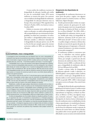 A nossa análise das tendências nacionais da               Alargamento das disparidades de
                                          desigualdade da educação (medida pela média                   rendimento
                                          de anos de escolaridade) desde 1970 mostra                    A desigualdade do rendimento deteriorou-se na
                                          melhorias na maioria dos países. Em contraste                 maior parte dos países e regiões, com algumas
                                          com as tendências da desigualdade do rendimento,              excepções notáveis na América Latina e na África
                                          a desigualdade da educação diminuiu mais na                   Subsariana. Alguns destaques:
                                          Europa e Ásia central (quase 76%), seguida da Ásia            •	 Estudos pormenorizados revelam um surpre-
                                          Oriental e Pacífico (52%) e da América Latina e                    endente aumento da quota-parte de rendi-
                                          Caraíbas (48%).                                                    mento dos grupos mais ricos em grande parte
                                              Embora os crescentes níveis médios das reali-                  da Europa, na América do Norte, na Austrá-
                                          zações na educação e na saúde tenham geralmente                    lia e na Nova Zelândia 23. De 1990 a 2005, a
                                          sido acompanhados por um estreitamento da desi-                    desigualdade de rendimento interna aos paí-
                                          gualdade, esse efeito não é automático. As realiza-                ses, medida pelo índice de desigualdade de
                                          ções médias e a desigualdade podem avançar em                      Atkinson, aumentou 23,3% nos países com
                                          diferentes sentidos e a diferentes velocidades22 .                 IDH muito elevado24. O fosso entre os ricos
                                          A desigualdade da educação piorou cerca de 8%                      e os pobres alargou-se durante as últimas duas
                                          na Ásia do Sul, por exemplo, apesar dos enormes                    décadas em mais de três quartos dos países da
                                          acréscimos médios de 180% nas realizações da                       Organização para a Cooperação e o Desenvol-
                                          educação.                                                          vimento Económicos e em muitas economias
                                                                                                             de mercados emergentes25.
     CAIXA 2.4                                                                                          •	 O rendimento também se concentrou mais
     Sustentabilidade, crises e desigualdade                                                                 entre os indivíduos com maiores ganhos
      A investigação de base encomendada para este Relatório levou em conta a desigualdade do                na China, na Índia e na África do Sul 26. Na
      rendimento e dois tipos de crise económica (crise da banca e colapsos do consumo ou do produto         China, por exemplo, o quintil mais alto dos
      interno bruto) desde a viragem do século até 2010. A análise centrou-se em 25 países – alguns
                                                                                                             detentores de rendimento obteve 41% do ren-
      afectados pela crise, outros não – 14 da América do Norte e da Europa e 11 de outros lugares.
           A desigualdade torna as crises mais prováveis? Existe alguma sustentação para a hipótese          dimento total em 2008 e o coeficiente de Gini
      de que um aumento da desigualdade esteja associado a uma crise subsequente, mas a desigual-            para a desigualdade de rendimento subiu de
      dade elevada nem sempre está ligada à crise. O aumento da desigualdade precedeu crises na              0,31 em 1981 para 0,42 em 2005.
      Suécia em 1991 e na Indonésia em 1997, mas não na Índia em 1993. Nos casos em que o aumen-
                                                                                                             Usando o mesmo índice de desigualdade
      to da desigualdade precedeu uma crise, pôde ser atribuído ao excesso de consumo por parte de
      alguns grupos ou à escassez de consumo por parte de outros e aos efeitos desses padrões no        de Atkinson aplicado à saúde, à educação e ao
      contexto mais geral da economia.                                                                  IDHAD global, a nossa própria análise confirma
           Quem suporta o fardo de uma crise? Em 31 crises da banca para as quais estão disponíveis     este cenário e conclui que a desigualdade de ren-
      dados sobre a desigualdade, existem alguns casos de crescimento da desigualdade em geral,         dimento média ao nível nacional aumentou cerca
      seguida pela crise e depois por uma queda na desigualdade, nomeadamente a crise islandesa
      de 2007, mas tais casos não predominam. A desigualdade cresceu em cerca de 40% dos casos,
                                                                                                        de 20% no período 1990—2005. A deterioração
      baixou em pouco mais de um quarto e não mostrou alteração nos restantes.                          mais grave ocorreu na Europa e Ásia central (mais
           Globalmente, a análise não sugere qualquer relacionamento sistemático entre as crises e a    de 100%).
      desigualdade do rendimento, mesmo nos países que são simultaneamente afectados pela crise              Ao longo da última década, aproximadamente,
      da banca e pelo colapso económico. A desigualdade cresceu na República da Coreia, na Malá-
                                                                                                        grande parte da América Latina e Caraíbas resistiu
      sia e em Singapura como resultado das crises financeiras asiáticas de 1997, mas permaneceu
      estável na Indonésia. Embora ainda não estejam disponíveis dados que permitam uma análise         a esta tendência: a desigualdade interna tem caído,
      rigorosa dos efeitos da crise financeira de 2008, alguns indícios sublinham a ausência de um      especialmente na Argentina, no Brasil, nas Hon-
      padrão transnacional claro, com a desigualdade a elevar-se em alguns países e a baixar noutros.   duras, no México e no Peru, com algumas excep-
           Os efeitos da desigualdade e da crise também reflectem as reacções às políticas. Por exem-
                                                                                                        ções, incluindo a Jamaica 27. Alguns atribuem o
      plo, no seguimento das crises, as transferências compensatórias ou a tributação progressiva
      podem atenuar a desigualdade, enquanto que o corte das transferências para reduzir os défices     desempenho da América Latina à diminuição do
      orçamentais pode fazer o oposto. Com frequência, as crises têm provocado alterações institucio-   fosso de rendimento entre os trabalhadores de alta
      nais, por exemplo, a introdução da segurança social nos Estados Unidos da América na década       e baixa especialização e às transferências financei-
      de 1930. Na sequência das crises nórdicas da década de 1990, o Estado social e as disposições     ras direccionadas para fins sociais28. A diminui-
      fiscais parecem ter constituído uma poderosa força moderadora sobre qualquer aumento da
                                                                                                        ção do fosso de rendimento sucede à expansão da
      desigualdade.
                                                                                                        cobertura do ensino básico nas últimas décadas,
                                                                                                        mas poderá sofrer revezes quando aos pobres for
      Fonte: Atkinson e Morelli 2011.
                                                                                                        dificultado o acesso ao ensino universitário devido


32     RElatóRio Do DEsEnvolvimEnto Humano 2011
 