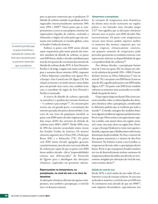 para os parceiros comerciais que os produzem. O       Temperatura e precipitação
                                  dióxido de carbono emitido na produção de bens        As variações de temperatura mais dramáticas
                                  negociados internacionalmente aumentou 50%            do último meio século ocorreram nas regiões
                                  entre 1995 e 200536. Vários países que se com-        polares e nas latitudes mais elevadas (mapa
                                  prometeram a cortar as suas próprias emissões são     2.1)39. Isto significa que as alterações climáticas
                                  importadores líquidos de carbono, incluindo a         afectam mais os países com IDH elevado? Não
                                  Alemanha e o Japão, tal como países que não assi-     necessariamente. Os países com temperaturas
                                  naram nem ratificaram os tratados globais, como       iniciais mais baixas podem suportar melhor
                                  os Estados Unidos da América.                         os aumentos das mesmas, enquanto que, nas
      O comércio permite que
                                      Embora os países com IDH muito elevado            zonas tropicais climaticamente sensíveis,
       os países transfiram o     sejam responsáveis pela maior parcela das emis-       um pequeno aumento de temperatura pode
     conteúdo de carbono dos      sões mundiais de dióxido de carbono, os países        perturbar gravemente as condições naturais, com
     bens que consomem para       com IDH baixo, médio e elevado contribuem para        repercussões adversas na disponibilidade da água
      os parceiros comerciais     mais de três quartos do crescimento das emissões de   e na produtividade das colheitas40.
         que os produzem          dióxido de carbono desde 1970. A Ásia Oriental e           Nas últimas décadas, a precipitação baixou
                                  Pacífico é, de longe, a região com maior contributo   mais de 2 mm (ou quase 3%) em relação aos valo-
                                  para o aumento dessas emissões (45%), enquanto        res de referência do período 1951—1980. O maior
                                  a África Subsariana contribuiu com apenas 3% e        declínio ocorreu na África Subsariana (7 mm ou
                                  a Europa e Ásia Central com 2% (figura 2.8). Em       mais de 7%) e nos países com IDH baixo (4 mm ou
                                  relação ao metano e ao óxido nitroso, temos dados     mais de 4%), seguidos pelos países com IDH médio
                                  para um período mais curto, mas, também neste         (figura 2.9)41. Os países com IDH baixo também
                                  caso, o contributo da região da Ásia Oriental e       sofreram os aumentos mais acentuados na variabi-
                                  Pacífico é acentuado.                                 lidade da queda de chuva.
                                      A reserva de dióxido de carbono capturada              O que esperar daqui em diante? Não existe con-
                                  na atmosfera é o produto das emissões históricas      senso científico sobre os efeitos líquidos das altera-
                                  – “o carbono é para sempre”37. As concentrações       ções climáticas sobre a precipitação, considerando
                                  actuais são, em grande parte, a acumulação das        os diferentes padrões que se verificam por todo o
                                  emissões passadas dos países desenvolvidos. Com       mundo42 . Contudo, emergem dos modelos climá-
                                  cerca de um sexto da população mundial, os            ticos algumas tendências regionais predominantes.
                                  países com IDH muito elevado originaram quase         Prevê-se que África assista a um aquecimento supe-
                                  dois terços (64%) das emissões de dióxido de          rior à média, com menos chuva nas regiões norte,
                                  carbono entre 1850 e 200538. Desde 1850, cerca        sul e oeste, mas mais chuva na região leste. Prevê-
                                  de 30% das emissões acumuladas totais vieram          -se que a Europa Ocidental se torne mais quente e
                                  dos Estados Unidos da América. Os maiores             húmida, enquanto que o Mediterrâneo sofrerá uma
                                  emissores seguintes são a China (9%), a Federação     diminuição da pluviosidade. Na Ásia, o número de
                                  Russa (8%) e a Alemanha (7%). Os países               dias quentes aumentará e o número de dias frios
                                  com IDH muito elevado agregados geraram,              diminuirá. Na América Latina e nas Caraíbas, as
                                  cumulativamente, mais de nove vezes mais dióxido      temperaturas deverão subir e a precipitação deverá
                                  de carbono per capita do que os países com IDH        baixar. Prevê-se que os pequenos Estados insulares
                                  baixo, médio e elevado – daí as “responsabilidades    em vias de desenvolvimento tenham aumentos de
                                  comuns mas diferenciadas” do Protocolo                temperatura abaixo da média, mas deverão ser seve-
                                  de Quioto para a abordagem das alterações             ramente atingidos por alterações do nível do mar,
                                  climáticas, exploradas em pormenor adiante.           como veremos abaixo43.

                                  Repercussões na temperatura, na                       Subida do nível do mar
                                  precipitação, no nível do mar e no risco de           Desde 1870, o nível médio do mar subiu 20 cen-
                                  desastres                                             tímetros e a taxa de variação acelerou. Se esta taxa
                                  As alterações climáticas afectam não apenas a tem-    acelerada se mantiver, o nível do mar em 2100 será
                                  peratura, mas também a precipitação, o nível do       31 centímetros mais elevado do que em 1990 44 ,
                                  mar e os desastres naturais.                          com impactos devastadores, especialmente nos


36   RElatóRio Do DEsEnvolvimEnto Humano 2011
 