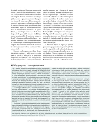 densidade populacional fomenta as economias de                               mundial, enquanto que a limitação do acesso
escala e a especialização de competências e empre-                           a água de consumo segura e saneamento apro-
sas. Estas características tornam mais económica                             priado é responsável por 1,6 milhões de mortes
a maior parte das infra-estruturas e dos serviços                            anuais75. Os habitantes das urbes também geram
públicos, como a água, o saneamento e drenagem                               enormes quantidades de resíduos, muitas vezes
e os sistemas de transportes públicos, e proporcio-                          mal geridos. As áreas próximas de Nova Deli e
nam mais opções para reutilização e reciclagem                               Katmandu, por exemplo, sofrem de grave polui-
de materiais. Estimou-se que, quando uma cidade                              ção dos rios76 . Alguns países mais ricos estão a
duplica a sua população, o aumento da necessi-                               exportar os seus resíduos para países mais pobres,
dade de infra-estruturas associado é de apenas                               com efeitos nocivos, apesar de a Convenção de
85%72 . As emissões per capita na cidade de Nova                             Basileia de 1992 restringir esse comércio (caixa
Iorque são de apenas 30% da média dos EUA; o                                 2.9). A poluição do ar exterior é, geralmente, pior
mesmo se aplica ao Rio de Janeiro em relação ao                              nas cidades, tal como os seus efeitos sobre a saúde
Brasil73. O residente médio de Manhattan é res-                              (capítulo 3). A alta densidade de poluentes tam-
ponsável por menos 6.408 kg de emissões anuais                               bém aumenta a concentração das nuvens, afec-
de carbono do que um nova-iorquino suburbano,                                tando a precipitação.
em parte devido à menor utilização de veículos74 .                               A densidade elevada da população significa
O padrão aparece em todas as áreas metropolita-                              que mesmo as pequenas diminuições per capita das
nas dos EUA.                                                                 emissões de poluição ou da utilização de água ou
     Contudo, o lado negativo das cidades devido                             energia podem originar grandes melhorias em ter-
à geração de resíduos e à poluição do ar exterior                            mos absolutos. Com cerca de metade da população
pode ser enorme. A poluição do ar, que tende a                               mundial a viver em áreas urbanas, estas melhorias
ser pior nas áreas urbanas, é uma causa principal                            potenciais constituem uma oportunidade enorme.
de doenças respiratórias e cardiovasculares a nível                          A relação entre a equidade e a densidade urbana

CAIXA 2.9
Resíduos perigosos e a Convenção de basileia
 Com o avolumar da preocupação pública em relação aos resíduos perigo-                             fraquezas da Convenção de Basileia, mas também a realidade económica de
 sos nos países desenvolvidos durante as décadas de 1970 e 1980, muitos                            muitos países em vias de desenvolvimento. A convenção parte do princípio
 governos aprovaram leis restritivas. Um resultado inesperado foi o enorme                         de que os países em vias de desenvolvimento têm a capacidade técnica e
 aumento de exportações de resíduos perigosos – incluindo amianto, mercú-                          administrativa para avaliar o risco de aceitar remessas de resíduos e a boa
 rio, cinzas, metais pesados, resíduos hospitalares e pesticidas – para países                     administração necessária para resistir aos estímulos monetários, o que nem
 em vias de desenvolvimento. As desigualdades económicas tornam atracti-                           sempre é o caso.
 va para alguns países a perspectiva da aceitação de resíduos perigosos. Na                             Os resíduos electrónicos (e-waste), sector de crescimento mais rápido
 década de 1980, uma aliança de empresas da Europa e dos EUA ofereceu à                            dos resíduos globais, são perigosos para a saúde humana e o ambiente. Os
 Guiné-Bissau 600 milhões de dólares – cerca de cinco vezes o seu produto                          resíduos electrónicos provenientes da China, da Índia, da Tailândia, dos Esta-
 nacional bruto – para que aceitasse remessas de resíduos tóxicos, uma ofer-                       dos Unidos e da União Europeia totalizaram, no período 2004—2008, 17 mi-
 ta que acabou por ser recusada devido às pressões internacionais.                                 lhões de toneladas por ano; o Programa das Nações Unidas para o Ambiente
       A Convenção de Basileia sobre o Controlo de Movimentos Transfron-                           estima que sejam gerados, a nível global, 20—50 milhões de toneladas de
 teiriços de Resíduos Perigosos e Sua Eliminação regula essas exportações,                         resíduos electrónicos por ano. Somente uma pequena parte destes resíduos
 exigindo o consentimento informado acerca da natureza dos resíduos. Actu-                         é reciclada. Por exemplo, em 2007, os Estados Unidos da América recicla-
 almente, são 175 os países aderentes à Convenção de Basileia; os Estados                          ram menos de 20% dos resíduos electrónicos resultantes de televisores, te-
 Unidos da América não são um deles. Uma alteração de 1995 proíbe todas                            lemóveis e computadores obsoletos. O restante foi depositado em aterros,
 as exportações de resíduos perigosos, mas ainda não foi ratificada pelos três                     sobretudo em países em vias de desenvolvimento, como a China, a Índia e a
 quartos de participantes necessários. A convenção reconhece a urgência do                         Nigéria. Não obstante, a reciclagem de resíduos electrónicos tornou-se um
 problema, mas ainda não foi estabelecido um quadro normativo internacional                        sector económico dinâmico, particularmente na China e na Índia, onde a recu-
 adequado.                                                                                         peração, a reparação e o comércio de materiais de dispositivos electrónicos
       A exposição a resíduos perigosos nos países em vias de desenvolvimen-                       descartados constitui um importante meio de subsistência para populações
 to permanece grave. Em 2006, uma empresa neerlandesa despejou 500 tone-                           pobres. No entanto, o chumbo, o mercúrio e o cádmio destes produtos são
 ladas de resíduos tóxicos em 16 locais de Abidjan, contaminando a água po-                        altamente tóxicos. Embora possam ser tomadas precauções, muitas pessoas
 tável da cidade, o solo e os bancos de peixe, matando pelo menos 10 pessoas                       não têm consciência dos riscos.
 e afectando mais de 100.000 pessoas. Casos como este reflectem não só as

 Fonte: Andrews, 2009; Sonak, Sonak e Giriyan, 2008; Widmer e outros, 2005; Robinson, 2009; PNUMA/GRID-Europa, 2005; GreenPeace, 2009; PNUMA e UNU, 2009; www.epa.gov/international/toxics/
 ewaste.html; http://toxipedia.org/display/toxipedia/Electronic+Waste+%28E-Waste%29.




                                       Capítulo 2      PADrõES E tENDêNCIAS DOS INDICADOrES DO DESENvOLvIMENtO HUMANO, DA EqUIDADE E DO AMbIENtE                                              43
 
