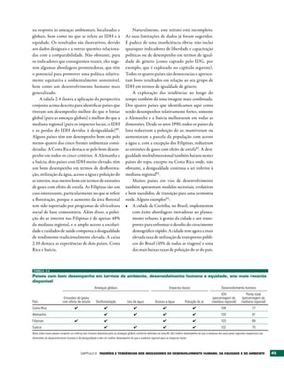 na resposta às ameaças ambientais, localizadas e                                       Naturalmente, este retrato está incompleto.
globais, bem como no que se refere ao IDH e à                                     As suas limitações de dados já foram sugeridas.
equidade. Os resultados são ilustrativos, devido                                  E padece de uma insuficiência óbvia: não inclui
aos dados desiguais e a outras questões relaciona-                                quaisquer indicadores de liberdade e capacitação
das com a comparabilidade. Não obstante, para                                     políticas ou de desempenho em termos de igual-
os indicadores que conseguimos reunir, eles suge-                                 dade de género (como captado pelo IDG, por
rem algumas abordagens prometedoras, que têm                                      exemplo, que é explorado no capítulo seguinte).
o potencial para promover uma política relativa-                                  Todos os quatro países são democracias e apresen-
mente equitativa e ambientalmente sustentável,                                    tam bons resultados em relação ao seu grupo de
bem como um desenvolvimento humano mais                                           IDH em termos de igualdade de género.
generalizado.                                                                          A exploração das tendências ao longo do
     A tabela 2.4 ilustra a aplicação da perspectiva                              tempo também dá uma imagem mais combinada.
conjunta acima descrita para identificar países que                               Dos quatro países que identificamos aqui como
tiveram um desempenho melhor do que o limiar                                      tendo desempenhos relativamente fortes, somente
global (para as ameaças globais) e melhor do que a                                a Alemanha e a Suécia melhoraram em todas as
mediana regional (para os impactos locais, o IDH                                  dimensões. Desde os anos 1990, todos os países da
e as perdas do IDH devidas à desigualdade)80.                                     lista reduziram a poluição do ar, mantiveram ou
Alguns países têm um desempenho bom em pelo                                       aumentaram a parcela da população com acesso
menos quatro das cinco frentes ambientais consi-                                  a água e, com a excepção das Filipinas, reduziram
deradas. A Costa Rica destaca-se pelo bom desem-                                  as emissões de gases com efeito de estufa81. A desi-
penho em todos os cinco critérios. A Alemanha e                                   gualdade multidimensional também baixou nestes
a Suécia, dois países com IDH muito elevado, têm                                  países do topo, excepto na Costa Rica onde, não
um bom desempenho em termos de desfloresta-                                       obstante, a desigualdade continua a ser inferior à
ção, utilização da água, acesso a água e poluição do                              mediana regional82 .
ar interior, mas menos bom em termos de emissões                                       Muitos países em vias de desenvolvimento
de gases com efeito de estufa. As Filipinas são um                                também apresentam modelos sectoriais, evolutivos
caso interessante, particularmente no que se refere                               e bem sucedidos, de transição para uma economia
a florestação, porque o aumento da área florestal                                 verde. Alguns exemplos83:
tem sido suportado por programas de silvicultura                                  •	 A cidade de Curitiba, no Brasil, implementou
social de base comunitária. Além disso, a polui-                                       com êxito abordagens inovadoras ao planea-
ção do ar interior nas Filipinas é de apenas 48%                                       mento urbano, à gestão da cidade e aos trans-
da mediana regional, e o amplo acesso a escolari-                                      portes para enfrentar o desafio do crescimento
dade e cuidados de saúde compensa a desigualdade                                       demográfico rápido. A cidade tem agora a mais
de rendimento tradicionalmente elevada. A caixa                                        elevada taxa de utilização de transportes públi-
2.10 destaca as experiências de dois países, Costa                                     cos do Brasil (45% de todas as viagens) e uma
Rica e Suécia.                                                                         das mais baixas taxas de poluição do ar do país.



TAbElA 2.4

Países com bom desempenho em termos de ambiente, desenvolvimento humano e equidade, ano mais recente
disponível
                                                      Ameaças globais                                                   Impactos locais                               Desenvolvimento humano
                                                                                                                                                                    IDH                    Perda total
                           Emissões de gases                                                                                                                  (percentagem da           (percentagem da
País                      com efeito de estufa         Desflorestação              Uso da água              Acesso a água             Poluição do ar          mediana regional)         mediana regional)
Costa Rica                           ✔                         ✔                         ✔                         ✔                         ✔                        104                        77
Alemanha                                                       ✔                         ✔                         ✔                         ✔                        103                        91
Filipinas                            ✔                         ✔                                                   ✔                         ✔                        103                        89
Suécia                                                         ✔                         ✔                         ✔                         ✔                        102                        70
Nota: todos estes países cumprem os critérios dos limiares absolutos para as ameaças globais conforme definidos na nota 80, têm melhor desempenho do que a mediana dos seus pares regionais respectivos nas
dimensões do desenvolvimento humano e da desigualdade e têm um melhor desempenho do que a mediana regional para os impactos locais.




                                          Capítulo 2       PADrõES E tENDêNCIAS DOS INDICADOrES DO DESENvOLvIMENtO HUMANO, DA EqUIDADE E DO AMbIENtE                                                          45
 