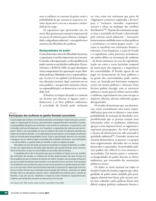 mais as mulheres na comissão de gestão, maior a       ser vista como um continuum que parte do
                                                     probabilidade de que assistam às respectivas reu-     “oligárquico, extractivo, explorador e divisivo”
                                                     niões, façam ouvir a sua voz e assumam a titulari-    para o “inclusivo, inovador, responsável,
                                                     dade de um cargo.                                     reactivo e eficaz na mediação dos conflitos
                                                         Os argumentos aqui apresentados não são           distributivos”182 . O ponto do continuum em que
                                                     novos. Mas apontam para uma parte importante de       se situa a actividade do Estado é determinado
                                                     um pacote de reformas para enfrentar a desigual-      pelo contrato social subjacente – interacções
                                                     dade e a degradação ambiental – com significativos    historicamente moldadas entre as elites políticas
                                                     aumentos das liberdades das mulheres.                 e económicas e os outros grupos sociais – tal
                                                                                                           como se manifesta nas instituições formais e
                                                     Desigualdades de poder                                informais. Com frequência, a acção do Estado
                                                     Como dimensão crítica das liberdades humanas,         e o capitalismo, como processos económicos,
                                                     a capacitação é um fim importante em si mesma.        são ambos débeis na sustentação do ambiente
                                                     Contudo, a descapacitação e os desequilíbrios de      – de forma intrínseca no caso do capitalismo,
                                                     poder somam-se aos desafios ambientais. Desen-        tendo em conta o curto horizonte temporal
                                                     volvemos o RDH de 2010, no qual abordámos             da maior parte das empresas e a importância
                                                     várias componentes da capacitação: acção, liber-      das externalidades. O Estado, apesar do seu
                                                     dades políticas, liberdades civis e responsabiliza-   papel no fornecimento de bens públicos e
                                                     ção. A caixa 2.1 no capítulo 2 já destacava algu-     na gestão das externalidades, pode, muitas
                                                     mas alterações recentes. Aqui, centramo-nos na        vezes, ser limitado por horizontes temporais
                                                     arena política – nos governos nacionais e locais,     curtos em termos políticos e eleitorais. Esses
                                                     na responsabilização, na democracia e na socie-       factores podem interagir com as estruturas
                                                     dade civil.                                           políticas e sociais para ter efeitos nocivos sobre
                                                         A história, as relações de poder e o contexto     o ambiente, especialmente nos casos em que os
                                                     são factores que afectam as ligações entre a          impactos adversos afectem sobretudo grupos
                                                     democracia e os bens públicos ambientais.             descapacitados.
                                                     A actividade do Estado pode utilmente                     Os estudos demonstram que, nas democra-
                                                                                                           cias, existe normalmente uma maior respon-
     CAIXA 3.4                                                                                             sabilização para com os eleitores e uma maior
     Participação das mulheres na gestão florestal comunitária                                             probabilidade de aceitação de liberdades civis,
      A participação das mulheres na tomada de decisões comunitárias é importante para a conser-           possibilitando que as pessoas estejam mais
      vação e a regeneração de recursos, particularmente na gestão florestal comunitária. Contudo,         informadas sobre os problemas ambientais
      as desigualdades de género pré-existentes e estruturais (no rendimento, no património e nas          (graças a uma imprensa livre), se organizem e
      atribuições políticas) enfraquecem, com frequência, a capacidade das mulheres para partici-
                                                                                                           exprimam preocupações. Ao nível nacional,
      parem. Mesmo nas comunidades em que as mulheres não estão formalmente excluídas dos
      órgãos de tomada de decisão, a sua capacidade para participarem na formulação de políticas           o alcance da democracia tem sido associado à
      pode ser limitada pelas desigualdades sociais. Exigir a representação feminina nas comissões         qualidade ambiental183. Contudo, mesmo nos
      e assegurar que as mulheres sejam consultadas são condições necessárias, mas insuficientes           sistemas democráticos, as pessoas e os grupos
      – em última análise, a questão reside em desafiar e mudar as relações de poder.
                                                                                                           mais negativamente afectados são os menos
           Nas aldeias em que não estão activamente envolvidas na tomada de decisões, as mulhe-
      res são mais negativamente afectadas pelas decisões sobre gestão florestal, como o encerra-          favorecidos e capacitados. As prioridades polí-
      mento de florestas, do que nas comunidades em que estão mais envolvidas.                             ticas podem não reflectir os seus interesses e
           A igualdade prévia não é necessária para que as mulheres se façam ouvir nas reuniões            necessidades. Em muitos países e contextos,
      das comissões. Na verdade, as mulheres de famílias desfavorecidas são mais frontais nos              as desigualdades de poder afectam os efeitos
      fóruns públicos do que as mulheres de famílias em melhor situação, uma conclusão atribuível à
      sua oportunidade de obterem maior benefício se as decisões forem a seu favor. Este resultado
                                                                                                           ambientais, por intermédio das instituições
      foi considerado mais provável nos casos em que estava presente um grande número de mulhe-            políticas e sociais.
      res ou em que estas tinham sido previamente expostas a programas de capacitação feminina.                Os dados ao nível nacional em todos os
      Outros estudos afirmam que a aceitação de participação das mulheres, ainda que num papel             Estados Unidos da América sugerem que a desi-
      limitado, altera as percepções culturais sobre a capacidade das mulheres para a tomada de
                                                                                                           gualdade de poder maior (medida pela parti-
      decisões, o que, por sua vez, impulsiona a criação de outras iniciativas e cooperativas para
      mulheres, permitindo-lhes tornarem-se mais activas fora de casa.                                     cipação eleitoral mais baixa, pelo sucesso esco-
                                                                                                           lar mais reduzido e pelas políticas fiscais mais
      Fonte: Agarwal, 2001, 2009; consultar também Tole (2010), Gupte (2004) e Timsina (2003).
                                                                                                           débeis) origina políticas ambientais frouxas e


68     RElatóRio Do DEsEnvolvimEnto Humano 2011
 