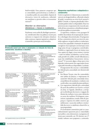 biodiversidade. Estes projectos asseguram que                   Respostas equitativas e adaptáveis a
                                                      as comunidades, particularmente as mulheres e                   catástrofes
                                                      os membros pobres da comunidade, dispõem de                     Como os capítulos 2 e 3 demonstram, as catástrofes
                                                      alternativas viáveis de rendimento, reduzindo                   naturais são desigualizadoras, reflectindo relações
                                                      em simultâneo as pressões sobre os ecossistemas                 de poder e económicas aos níveis local, nacional e
                                                      naturais85.                                                     global. Contudo, as respostas planificadas e direc-
                                                                                                                      cionadas podem reduzir as disparidades. Duas vias
                                                      Abordar as alterações                                           promissoras são o mapeamento dos riscos de catás-
                                                      climáticas – riscos e realidades                                trofes de base comunitária e a distribuição progres-
                                                                                                                      siva de bens públicos reconstruídos.
                                                      Finalmente, nesta análise de abordagens promisso-                    A experiência conduziu a uma passagem de
                                                      ras, consideramos duas vias políticas cruciais para             modelos descendentes de recuperação de catástro-
                                                      contrariar os impactos das alterações climáticas                fes a abordagens descentralizadas. Os programas
                                                      sobre as pessoas: respostas equitativas e adaptáveis            de base comunitária relativos aos riscos de catás-
                                                      a catástrofes e protecção social inovadora.                     trofes exploram, em geral, melhor os conhecimen-
                                                                                                                      tos locais das capacidades e limitações da ajuda de
     TAbElA 4.2                                                                                                       emergência e da recuperação e reconstrução a mais
     Protecção social com vista à adaptação e à redução do risco de                                                   longo prazo do que os programas centralizados.
     catástrofes: benefícios e desafios                                                                               Também as organizações locais são muitas vezes
     Programa e exemplo                       Benefícios                         Desafios                             mais capazes de chegar a áreas remotas e restritas
     Transferências de dinheiro               •	 Visa os mais vulneráveis        •	 Garantir uma dimensão             – como em Achém, na Indonésia, e no Sri Lanka,
     direccionadas                            •	 Estabiliza o consumo               adequada e previsibilidade das    onde períodos de conflito armado dificultaram a
     Etiópia: Programa da Rede de             •	 Permite a tomada de riscos         transferências
     Segurança Produtiva                         adaptável e o investimento      •	 Reduzir os riscos através de      acção dos trabalhadores humanitários interna-
                                              •	 Reforça a flexibilidade para       um foco de longo prazo
                                                 enfrentar choques climáticos    •	 Demonstrar a justificação         cionais86. É necessário algum esforço para evitar
                                                                                    económica de transferências       depender exclusivamente das organizações locais,
                                                                                    de dinheiro associadas aos
                                                                                    choques climáticos                o que pode intensificar as disparidades e a exclusão.
                                                                                 •	 Usar índices de vulnerabilidade
                                                                                    socioeconómica para                    O mapeamento dos recursos e vulnerabilida-
                                                                                    estabelecer os beneficiários-     des liderado pela comunidade tem demonstrado
                                                                                    alvo
                                                                                                                      eficácia :87
     Esquemas de emprego                      •	 Oferece 100 dias de emprego a   •	 Garantir benefícios adequados     •	 Em Mount Vernon, uma das comunidades
     Índia: Lei Nacional Mahatma                 pedido em zonas rurais          •	 Responsabilização e
     Gandhi para a Garantia de                •	 Constrói infra-estruturas,         transparência                          mais pobres da Jamaica, o mapeamento de
     Emprego Rural                               incluindo projectos que         •	 Fortalecer a consciencialização
                                                 reforçam a resistência das         para assegurar participação            catástrofes liderado pela comunidade desta-
                                                 comunidades aos impactos das       elevada                                cou problemas de inundações e conduziu a um
                                                 alterações climáticas           •	 Controlar os custos e evitar o
                                              •	 Oferece um rendimento              risco de exclusão                      acordo sobre a necessidade de pontes pedonais.
                                                 garantido para combater
                                                 as variações de rendimento                                           •	 Um mapeamento liderado pela comunidade
                                                 sazonais                                                                  do acesso das mulheres aos recursos e serviços
     Seguros das culturas com base            •	 Protege contra a tomada de      •	 Visar os pequenos agricultores         em Jinja, no Uganda, identificou a corrup-
     no clima                                    riscos associada aos seguros    •	 Enfrentar os impactos de
     Seguros de culturas indexados            •	 Liberta recursos para              género diferenciados                   ção na distribuição das terras e a negação dos
     ao clima na produção de                     investimento na capacidade de   •	 Manter os prémios a níveis             direitos das mulheres à terra como obstáculos
     amendoim do Governo do                      adaptação                          comportáveis para os pobres
     Malawi e seus parceiros                  •	 Pode associar-se a tendências   •	 Subsidiar os custos de capital         ao acesso das mulheres. Os dirigentes comu-
                                                 e projecções relativamente às   •	 Integrar as projecções
                                                 alterações climáticas              climáticas na avaliação do             nitários responderam criando clubes de pou-
                                              •	 Apoia a flexibilidade de           risco financeiro                       panças e esquemas de crédito rotativos que
                                                 adaptação                       •	 Estabelecer mecanismos de
                                                                                    garantia para resseguros               melhoraram o acesso das mulheres à titulari-
     Transferências de recursos (gado) •	 Visa os mais vulneráveis               •	 Garantir transferências
                                                                                                                           dade das terras e as ajudaram a desenvolver as
     Projecto de Redução da            •	 Pode ser integrado em                     proporcionais às ameaças               suas propriedades.
     Vulnerabilidade às Alterações        programas de meios de                     enfrentadas
     Climáticas do Bangladeche            subsistência                           •	 Garantir a adequação local dos         O envolvimento comunitário pode ser extra-
                                                                                    recursos                          ordinariamente capacitante para as comunidades
                                                                                 •	 Integrar as tensões ambientais
                                                                                    naturais em mudança na            mais pobres, como demonstram os programas de
                                                                                    selecção dos recursos
                                                                                                                      treino para catástrofes em 176 distritos nos 17
     Fonte: adaptado de Davies e outros em OCDE (2009).                                                               estados indianos mais propensos a catástrofes.


82       RElatóRio Do DEsEnvolvimEnto Humano 2011
 