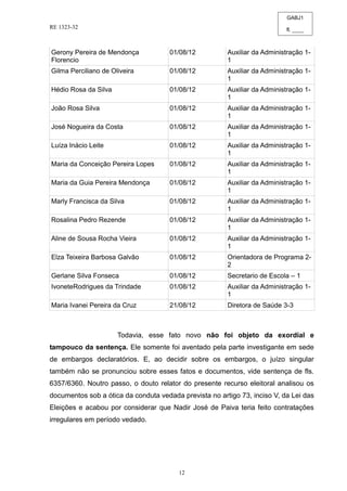 GABJ1
fl. ____
RE 1323-32
12
Gerony Pereira de Mendonça
Florencio
01/08/12 Auxiliar da Administração 1-
1
Gilma Perciliano de Oliveira 01/08/12 Auxiliar da Administração 1-
1
Hédio Rosa da Silva 01/08/12 Auxiliar da Administração 1-
1
João Rosa Silva 01/08/12 Auxiliar da Administração 1-
1
José Nogueira da Costa 01/08/12 Auxiliar da Administração 1-
1
Luíza Inácio Leite 01/08/12 Auxiliar da Administração 1-
1
Maria da Conceição Pereira Lopes 01/08/12 Auxiliar da Administração 1-
1
Maria da Guia Pereira Mendonça 01/08/12 Auxiliar da Administração 1-
1
Marly Francisca da Silva 01/08/12 Auxiliar da Administração 1-
1
Rosalina Pedro Rezende 01/08/12 Auxiliar da Administração 1-
1
Aline de Sousa Rocha Vieira 01/08/12 Auxiliar da Administração 1-
1
Elza Teixeira Barbosa Galvão 01/08/12 Orientadora de Programa 2-
2
Gerlane Silva Fonseca 01/08/12 Secretario de Escola – 1
IvoneteRodrigues da Trindade 01/08/12 Auxiliar da Administração 1-
1
Maria Ivanei Pereira da Cruz 21/08/12 Diretora de Saúde 3-3
Todavia, esse fato novo não foi objeto da exordial e
tampouco da sentença. Ele somente foi aventado pela parte investigante em sede
de embargos declaratórios. E, ao decidir sobre os embargos, o juízo singular
também não se pronunciou sobre esses fatos e documentos, vide sentença de fls.
6357/6360. Noutro passo, o douto relator do presente recurso eleitoral analisou os
documentos sob a ótica da conduta vedada prevista no artigo 73, inciso V, da Lei das
Eleições e acabou por considerar que Nadir José de Paiva teria feito contratações
irregulares em período vedado.
 