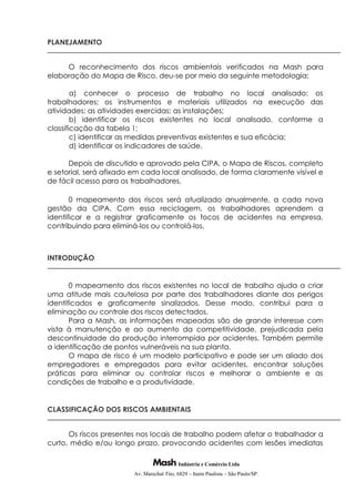 Indústria e Comércio Ltda
Av. Marechal Tito, 6829 – Itaim Paulista – São Paulo/SP.
PLANEJAMENTO
O reconhecimento dos riscos ambientais verificados na Mash para
elaboração do Mapa de Risco, deu-se por meio da seguinte metodologia:
a) conhecer o processo de trabalho no local analisado: os
trabalhadores; os instrumentos e materiais utilizados na execução das
atividades; as atividades exercidas; as instalações;
b) identificar os riscos existentes no local analisado, conforme a
classificação da tabela 1;
c) identificar as medidas preventivas existentes e sua eficácia;
d) identificar os indicadores de saúde.
Depois de discutido e aprovado pela CIPA, o Mapa de Riscos, completo
e setorial, será afixado em cada local analisado, de forma claramente visível e
de fácil acesso para os trabalhadores.
0 mapeamento dos riscos será atualizado anualmente, a cada nova
gestão da CIPA. Com essa reciclagem, os trabalhadores aprendem a
identificar e a registrar graficamente os focos de acidentes na empresa,
contribuindo para eliminá-los ou controlá-los.
INTRODUÇÃO
0 mapeamento dos riscos existentes no local de trabalho ajuda a criar
uma atitude mais cautelosa por parte dos trabalhadores diante dos perigos
identificados e graficamente sinalizados. Desse modo, contribui para a
eliminação ou controle dos riscos detectados.
Para a Mash, as informações mapeadas são de grande interesse com
vista à manutenção e ao aumento da competitividade, prejudicada pela
descontinuidade da produção interrompida por acidentes. Também permite
a identificação de pontos vulneráveis na sua planta.
O mapa de risco é um modelo participativo e pode ser um aliado dos
empregadores e empregados para evitar acidentes, encontrar soluções
práticas para eliminar ou controlar riscos e melhorar o ambiente e as
condições de trabalho e a produtividade.
CLASSIFICAÇÃO DOS RISCOS AMBIENTAIS
Os riscos presentes nos locais de trabalho podem afetar o trabalhador a
curto, médio e/ou longo prazo, provocando acidentes com lesões imediatas
 