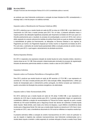 100   RELATÓRIO OE2013
      Situação Financeira das Administrações Públicas 2012 e 2013 (contabilidade pública e nacional)




      as variáveis que mais fortemente condicionam a evolução da base tributável do IRS, nomeadamente, o
      emprego total, o nível de preços e os salários nominais.



      Imposto sobre o Rendimento de Pessoas Coletivas (IRC)

      Em 2013, antevê-se que a receita líquida em sede de IRC se situe em 4.559,5 M€, o que determina um
      crescimento de 3,9% face à receita prevista para 2012. Por um lado, a presente estimativa traduz o
      impacto positivo das alterações legislativas propostas pelo Orçamento do Estado de 2012 (as quais con-
      tribuirão positivamente para o resultado do processo de autoliquidação a ocorrer em 2013), bem como o
      efeito esperado do conjunto adicional de medidas de política fiscal (entre as quais se destaca a limitação
      à dedutibilidade de gastos de financiamento, as alterações na Derrama Estadual e nos regimes do
      Pagamento por Conta e do Pagamento Especial por Conta) inscrito no Orçamento do Estado de 2013.
      Por outro lado, a estimativa de receita líquida apresentada reflete a evolução prevista do cenário macroe-
      conómico para 2013, o qual sugere o abrandamento da atividade económica.



      Outros Impostos Diretos

      Em 2013, é esperada uma expressiva redução da receita líquida de outros impostos diretos, devendo a
      mesma situar-se em 10,1 M€. Esta evolução é determinada pela conclusão do processo de regularização
      tributária de elementos patrimoniais detidos no exterior, levado a cabo em 2012 (RERT III).



      Impostos Indiretos

      Imposto sobre os Produtos Petrolíferos e Energéticos (ISP)

      Para 2013, prevê-se que receita líquida em sede de ISP ascenda a 2.173,4 M€, o que representa um
      aumento de 1,4% face à receita prevista para 2012. Esta evolução reflete, designadamente, o efeito que
      resulta da transposição para o ordenamento jurídico português, da diretiva europeia que reestrutura o
      quadro comunitário de tributação dos produtos energéticos e da eletricidade.



      Imposto sobre o Valor Acrescentado (IVA)

      Em 2013, estima-se que a receita líquida em sede de IVA atinja 13.308,0 M€, o que representa um
      acréscimo de 2,2% face à receita prevista para 2012. A previsão apresentada integra um ajustamento
      contabilístico refletindo a adoção de recomendações do Tribunal de Contas, segundo as quais a receita
      referente ao IVA social transferida para a Segurança Social não deverá ser subtraída à receita líquida
      deste imposto. Neste âmbito, será criada uma rúbrica de despesa, a qual refletirá a transferência desta
      receita para a Segurança Social. De notar que a receita deste imposto se reduziria em 3,4% face à recei-
      ta prevista em 2012, caso a transferência decorrente do IVA social se refletisse na respetiva receita líqui-
      da.

      A presente estimativa reflete a evolução do cenário macroeconómico em 2013, muito em particular no
      que diz respeito à trajetória das variáveis macroeconómicas mais fortemente correlacionadas com a
      receita deste imposto e também o efeito esperado do combate reforçado à fraude e evasão fiscal. Deste
 