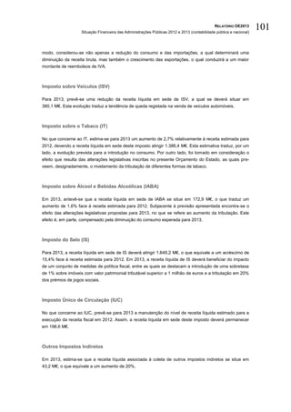 RELATÓRIO OE2013
                   Situação Financeira das Administrações Públicas 2012 e 2013 (contabilidade pública e nacional)
                                                                                                                    101

modo, considerou-se não apenas a redução do consumo e das importações, a qual determinará uma
diminuição da receita bruta, mas também o crescimento das exportações, o qual conduzirá a um maior
montante de reembolsos de IVA.



Imposto sobre Veículos (ISV)

Para 2013, prevê-se uma redução da receita líquida em sede de ISV, a qual se deverá situar em
380,1 M€. Esta evolução traduz a tendência de queda registada na venda de veículos automóveis.



Imposto sobre o Tabaco (IT)

No que concerne ao IT, estima-se para 2013 um aumento de 2,7% relativamente à receita estimada para
2012, devendo a receita líquida em sede deste imposto atingir 1.386,4 M€. Esta estimativa traduz, por um
lado, a evolução prevista para a introdução no consumo. Por outro lado, foi tomado em consideração o
efeito que resulta das alterações legislativas inscritas no presente Orçamento do Estado, as quais pre-
veem, designadamente, o nivelamento da tributação de diferentes formas de tabaco.



Imposto sobre Álcool e Bebidas Alcoólicas (IABA)

Em 2013, antevê-se que a receita líquida em sede de IABA se situe em 172,9 M€, o que traduz um
aumento de 1,6% face à receita estimada para 2012. Subjacente à previsão apresentada encontra-se o
efeito das alterações legislativas propostas para 2013, no que se refere ao aumento da tributação. Este
efeito é, em parte, compensado pela diminuição do consumo esperada para 2013.



Imposto do Selo (IS)

Para 2013, a receita líquida em sede de IS deverá atingir 1.649,2 M€, o que equivale a um acréscimo de
15,4% face à receita estimada para 2012. Em 2013, a receita líquida de IS deverá beneficiar do impacto
de um conjunto de medidas de política fiscal, entre as quais se destacam a introdução de uma sobretaxa
de 1% sobre imóveis com valor patrimonial tributável superior a 1 milhão de euros e a tributação em 20%
dos prémios de jogos sociais.



Imposto Único de Circulação (IUC)

No que concerne ao IUC, prevê-se para 2013 a manutenção do nível de receita líquida estimado para a
execução da receita fiscal em 2012. Assim, a receita líquida em sede deste imposto deverá permanecer
em 198,6 M€.



Outros Impostos Indiretos

Em 2013, estima-se que a receita líquida associada à coleta de outros impostos indiretos se situe em
43,2 M€, o que equivale a um aumento de 20%.
 