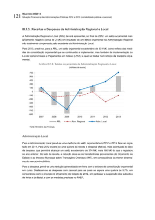 RELATÓRIO OE2013
121 Situação Financeira das Administrações Públicas 2012 e 2013 (contabilidade pública e nacional)

         III.1.3. Receitas e Despesas da Administração Regional e Local

         A Administração Regional e Local (ARL) deverá apresentar, no final de 2012, um saldo orçamental mar-
         ginalmente negativo (cerca de 2 M€) em resultado de um défice orçamental na Administração Regional
         não totalmente compensado pelo excedente da Administração Local.

         Para 2013, prevê-se, para a ARL, um saldo orçamental excedentário de 574 M€, como reflexo das medi-
         das de consolidação orçamental que se continuarão a implementar, mas também da implementação da
         Lei de Compromissos e Pagamentos em Atraso (LPCA) a qual se traduz num reforço da disciplina orça-
         mental.
                          Gráfico III.1.8. Saldos orçamentais da Administração Regional e Local
                                                           (milhões de euros)

                700
                560
                420
                280
                140
                   0
               -140
               -280
               -420
               -560
               -700
               -840
                           2007           2008          2009        2010        2011         2012    2013

                                                  ARL          Adm. Regional           Adm. Local

                Fonte: Ministério das Finanças.




         Administração Local

         Para a Administração Local prevê-se uma melhoria do saldo orçamental em 2012 e 2013, face ao regis-
         tado em 2011. Para 2012 espera-se uma quebra da receita e despesa efetivas, mais acentuada do lado
         da despesa, que permitirá alcançar um saldo excedentário de 374 M€, mais 166 M€ do que o registado
         no ano anterior. Do lado da receita, a redução deve-se às transferências provenientes do Orçamento do
         Estado e ao Imposto Municipal sobre Transações Onerosas (IMT), em consequência do menor dinamis-
         mo do mercado imobiliário.

         Para a despesa, prevê-se uma redução generalizada em linha com o esforço de consolidação orçamental
         em curso. Destacam-se as despesas com pessoal para as quais se espera uma quebra de 9,7%, em
         consonância com o previsto no Orçamento do Estado de 2012, em particular a suspensão dos subsídios
         de férias e de Natal, e com as medidas previstas no PAEF.
 