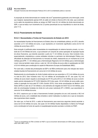 132   RELATÓRIO OE2013
      Situação Financeira das Administrações Públicas 2012 e 2013 (contabilidade pública e nacional)



                                                                    2
      A proporção de dívida denominada em moedas não euro apresentará igualmente uma diminuição, ainda
      que marginal, representando apenas 0,9% do saldo em dívida no final de 2012. De notar, que a estimati-
      va do saldo de empréstimos obtidos ao abrigo do PAEF inclui 8,2 mil milhões de dívida denominada em
      SDR, o que se traduz num incremento de 3,3 pontos percentuais da sua importância no stock de dívida,
      para 11,%.



      III.3.2. Financiamento do Estado

      III.3.2.1. Necessidades e Fontes de Financiamento do Estado em 2012

      As necessidades líquidas de financiamento do Estado (ótica da contabilidade pública), em 2012, deverão
      ascender a 21,7 mil milhões de euros, o que representa um incremento significativo (cerca de 8,4 mil
      milhões de euros) face a 2011.

      Esta evolução é justificada pelas necessidades de recapitalização do sistema bancário privado, no mon-
      tante de 4,3 mil milhões de euros, a que acrescem um conjunto de outras operações de aquisição líquida
      de ativos financeiros, que deverão ascender a perto de 11 mil milhões de euros. Este montante inclui,
      essencialmente, empréstimos a outras entidades incluídas no perímetro da Administração Pública com
      dificuldade de obtenção de financiamento no mercado de crédito, destacando-se um montante de 2,8 mil
      milhões para EPR, 1,1 mil milhões para a Administração Regional e 0,6 mil milhões para a Administração
      Local. Inclui-se também nesta rubrica o valor de 1,65 mil milhões de euros afeto à capitalização da CGD
      e 0,8 mil milhões para constituição do capital do Mecanismo Europeu de Estabilidade (MEE).

      Por outro lado, a receita das privatizações da EDP e da REN contribuíram para uma redução das neces-
      sidades líquidas de financiamento em cerca de 2,2 mil milhões de euros.

      Relativamente às amortizações de dívida fundada estima-se que ascendam a 37,3 mil milhões de euros
      no total de 2012. Este montante inclui 14,2 mil milhões de amortizações de OT, dos quais 10,2 mil
      milhões de euros dizem respeito à amortização da OT 5% junho 2012 e 4 mil milhões de euros à amorti-
      zação parcial antecipada da OT 5,45% Setembro 2013 (dos quais, 3,8 mil milhões de euros estão asso-
      ciados à operação de troca pela OT 3,35% Outubro 2015). Inclui ainda amortizações de Medium Term
      Notes (MTN) no valor de 2,7 mil milhões e uma estimativa de resgates de CA/CT de 2,4 mil milhões, para
      além de amortizações fundadas de dívida de curto prazo (sobretudo BT e CEDIC), que ascenderam a
      cerca de 18 mil milhões de euros.

      Em 2012, espera-se que no total o financiamento fundado (perspetiva de ano civil) ascenda a 58,3 mil
      milhões de euros, com a totalidade das emissões a serem realizadas no próprio ano a que as necessida-
      des orçamentais dizem respeito.

      De notar que, no final de 2012, o saldo de financiamento para exercícios seguintes deverá ascender a
      cerca de 6,9 mil milhões de euros, dos quais 3,5 mil milhões ficarão depositados no Banco de Portugal
      como constituição do fundo de suporte à recapitalização bancária acordado no âmbito do PAEF.




      2
       Exclui os empréstimos do FMI no âmbito do PAEF e que se encontram denominados em SDR (cabaz composto por
      USD, EUR, GBP, e JPY).
 