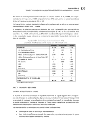 RELATÓRIO OE2013
                          Situação Financeira das Administrações Públicas 2012 e 2013 (contabilidade pública e nacional)
                                                                                                                           135

Em termos de amortizações de dívida fundada prevê-se um valor em torno de 28,8 mil M€, o que repre-
sentará uma diminuição de 8,5 mil M€ comparativamente a 2012. Assim, estima-se que as necessidades
brutas de financiamento ascendam a 40,3 mil M€.

No final de 2013, o montante depositado no Banco de Portugal associado ao reforço do fundo de recapi-
talização bancária deverá atingir 7,5 mil M€.

À semelhança do verificado nos dois anos anteriores, em 2013, é de esperar que a principal fonte de
financiamento continue concentrada nos empréstimos obtidos junto do FMI e da UE, cujo montante deve
ascender a 10,1 mil M€. Adicionalmente, os BT também deverão contribuir positivamente para a cobertu-
ra das necessidades brutas, antevendo-se um incremento das emissões líquidas deste instrumento em
torno de 5,4 mil M€.
                              Quadro III.3.4. Composição do financiamento em 2013
                      (previsão da dívida fundada ao valor de encaixe – ano civil; milhões de euros)

                                                                       Em issão     Am ortização        Líquido
        DÍVIDA EURO                                                     37.243         28.773            8.470
           CA - Certificados de Aforro                                   981             840              141
           CT - Certificados do Tesouro                                    0              60              -60
           CEDIC - Certificados Especiais de Dívida Pública CP           7.149          7.149              0
           CEDIM - Certificados Especiais de Dívida Pública MLP            0              42              -42
           BT - Bilhetes do Tesouro                                     20.132         14.770            5.362
           OT - taxa fixa                                                  0            5.829            -5.829
           FEEF                                                          4.933            0              4.933
           MEEF                                                          1.600            0              1.600
           Outra Dívida                                                  2.448            83             2.365
        DÍVIDA NÃO EURO                                                  3.593            0              3.593
           FMI                                                           3.593            0              3.593
           Outra Dívida                                                    0              0                0
        FLUXOS DE CAPITAL DE SWAPS (LÍQ.)                                                 0                0
        TOTAL                                                           40.836         28.773            12.063
        Fonte: Ministério das Finanças.


III.3.2. Tesouraria do Estado

Unidade de Tesouraria do Estado

A atividade da tesouraria do Estado é um importante instrumento de suporte à gestão dos fundos públi-
cos e à otimização da gestão da liquidez. O progressivo aumento da eficiência nesta atividade permitirá
uma redução de custos por parte do Estado tendo em conta o diferente perfil de execução das despesas
e receitas orçamentais. A Unidade de Tesouraria do Estado assume, desta forma, um papel muito rele-
vante na otimização da gestão dos recursos financeiros disponíveis.

Os objetivos centrais da Unidade de Tesouraria do Estado são os seguintes:

          Minimização do prazo de imobilização dos recebimentos;
          Maior eficiência e eficácia na execução dos pagamentos, nomeadamente na redução de custos
           financeiros associados à realização dos mesmos;
 