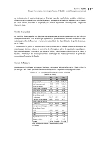 RELATÓRIO OE2013
                    Situação Financeira das Administrações Públicas 2012 e 2013 (contabilidade pública e nacional)
                                                                                                                     137

Ao nível dos meios de pagamento, procura-se dinamizar o uso das transferências bancárias em detrimen-
to da utilização do cheque como meio de pagamento, ajustando-se às melhores práticas do sector bancá-
rio a nível europeu, no quadro da criação da Área Única de Pagamentos Europeia (SEPA – Single Euro
Payments Area).



Gestão da Liquidez

As melhorias desencadeadas nos domínios dos pagamentos e recebimentos permitem, no seu todo, um
acompanhamento mais fiável da execução orçamental, o qual tem reflexos imediatos numa maior fiabili-
dade das previsões de Tesouraria e numa maior racionalidade das disponibilidades de gestão da tesoura-
ria do Estado.

A concentração da gestão da tesouraria e da dívida pública numa só entidade permite um maior nível de
especialização técnica, a redução de assimetrias de informação, o reforço da capacidade negocial peran-
te o sistema financeiro, a otimização dos saldos da dívida, a melhoria de controlo dos riscos de crédito e
liquidez, a minimização dos riscos operacionais e a otimização dos modelos previsionais de gestão das
necessidades financeiras do Estado.



Contas do Tesouro

O total das disponibilidades, em moeda e depósitos, na conta da Tesouraria Central do Estado, no Banco
de Portugal e dos fundos aplicados nas instituições de crédito, é representado no seguinte quadro:
                       Quadro III.3.5. Situação da tesouraria – saldos pontuais
                                                  (milhões de euros)
                                                           2010       2011         2012
                                                           Dez         Dez     Agosto (P)
                           Contas no BdP                   1,00     4 743,25     6 371,64
                           Apli. Financeiras nas IC      1 883,52   7 567,29     7 208,57
                           Contas em Divisas               16,39      17,77       14,06
                           Contas Cofres Consulares        4,05        4,04        0,00
                           Contas Receb. IGCP-DUC         113,43      70,46       84,96
                           Outras Contas Bancárias         2,69        3,72        6,28
                           Contas Caixas nas IC
                           - Alfândegas                   138,47      88,11        5,36
                           - Serviços Locais Finanças      88,21     103,91       81,15
                           Contas Caixas do Tesouro
                           - Alfândegas                   282,12     264,80       365,12
                           - Serviços Locais Finanças      41,29      32,32       116,24
                           Contas Caixas Tesouro
                           - CTT                           40,34      24,67       48,11
                           - SIBS                          9,77       16,94       105,47
                           - IRN                           2,60        2,10        0,49
                           Depósitos Externos nas IC       13,34       6,08        3,89

                           Cheques a Cobrar                0,76        0,60        0,53
                           TOTAL                         2 637,98 12 946,06     14 411,87
                           Fonte: Ministério das Finanças e da Administração Pública
                           (P) Previsão
 