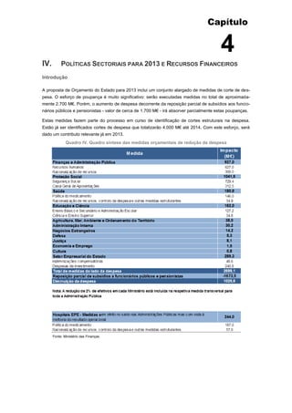 Capítulo


                                                                                          4
IV.        POLÍTICAS SECTORIAIS PARA 2013 E RECURSOS FINANCEIROS
Introdução

A proposta de Orçamento do Estado para 2013 inclui um conjunto alargado de medidas de corte de des-
pesa. O esforço de poupança é muito significativo: serão executadas medidas no total de aproximada-
mente 2.700 M€. Porém, o aumento de despesa decorrente da reposição parcial de subsídios aos funcio-
nários públicos e pensionistas - valor de cerca de 1.700 M€ - irá absorver parcialmente estas poupanças.

Estas medidas fazem parte do processo em curso de identificação de cortes estruturais na despesa.
Estão já ser identificados cortes de despesa que totalizarão 4.000 M€ até 2014. Com este esforço, será
dado um contributo relevante já em 2013.
              Quadro IV. Quadro síntese das medidas orçamentais de redução da despesa




      Fonte: Ministério das Finanças.
 