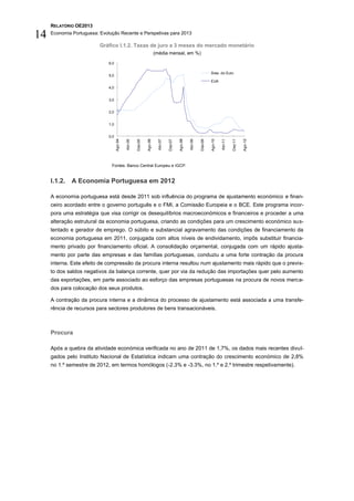 RELATÓRIO OE2013

14   Economia Portuguesa: Evolução Recente e Perspetivas para 2013

                          Gráfico I.1.2. Taxas de juro a 3 meses do mercado monetário
                                                                        (média mensal, em %)

                              6,0

                                                                                                                       Área do Euro
                              5,0
                                                                                                                       EUA
                              4,0


                              3,0


                              2,0


                              1,0


                              0,0
                                    Ago-04




                                                               Ago-06




                                                                                            Ago-08




                                                                                                                       Ago-10




                                                                                                                                                  Ago-12
                                             Abr-05




                                                                                                     Abr-09




                                                                                                                                Abr-11
                                                                          Abr-07
                                                      Dez-05




                                                                                   Dez-07




                                                                                                              Dez-09




                                                                                                                                         Dez-11
                               Fontes: Banco Central Europeu e IGCP.


     I.1.2. A Economia Portuguesa em 2012

     A economia portuguesa está desde 2011 sob influência do programa de ajustamento económico e finan-
     ceiro acordado entre o governo português e o FMI, a Comissão Europeia e o BCE. Este programa incor-
     pora uma estratégia que visa corrigir os desequilíbrios macroeconómicos e financeiros e proceder a uma
     alteração estrutural da economia portuguesa, criando as condições para um crescimento económico sus-
     tentado e gerador de emprego. O súbito e substancial agravamento das condições de financiamento da
     economia portuguesa em 2011, conjugada com altos níveis de endividamento, impôs substituir financia-
     mento privado por financiamento oficial. A consolidação orçamental, conjugada com um rápido ajusta-
     mento por parte das empresas e das famílias portuguesas, conduziu a uma forte contração da procura
     interna. Este efeito de compressão da procura interna resultou num ajustamento mais rápido que o previs-
     to dos saldos negativos da balança corrente, quer por via da redução das importações quer pelo aumento
     das exportações, em parte associado ao esforço das empresas portuguesas na procura de novos merca-
     dos para colocação dos seus produtos.

     A contração da procura interna e a dinâmica do processo de ajustamento está associada a uma transfe-
     rência de recursos para sectores produtores de bens transacionáveis.



     Procura

     Após a quebra da atividade económica verificada no ano de 2011 de 1,7%, os dados mais recentes divul-
     gados pelo Instituto Nacional de Estatística indicam uma contração do crescimento económico de 2,8%
     no 1.º semestre de 2012, em termos homólogos (-2.3% e -3.3%, no 1.º e 2.º trimestre respetivamente).
 