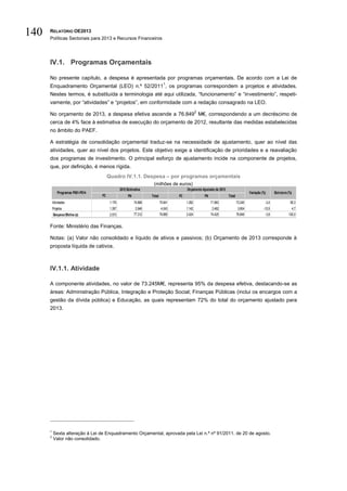 140   RELATÓRIO OE2013
      Políticas Sectoriais para 2013 e Recursos Financeiros




      IV.1. Programas Orçamentais

      No presente capítulo, a despesa é apresentada por programas orçamentais. De acordo com a Lei de
                                                                                1
      Enquadramento Orçamental (LEO) n.º 52/2011 , os programas correspondem a projetos e atividades.
      Nestes termos, é substituída a terminologia até aqui utilizada, “funcionamento” e “investimento”, respeti-
      vamente, por “atividades” e “projetos”, em conformidade com a redação consagrado na LEO.
                                                                                                    2
      No orçamento de 2013, a despesa efetiva ascende a 76.849 M€, correspondendo a um decréscimo de
      cerca de 4% face à estimativa de execução do orçamento de 2012, resultante das medidas estabelecidas
      no âmbito do PAEF.

      A estratégia de consolidação orçamental traduz-se na necessidade de ajustamento, quer ao nível das
      atividades, quer ao nível dos projetos. Este objetivo exige a identificação de prioridades e a reavaliação
      dos programas de investimento. O principal esforço de ajustamento incide na componente de projetos,
      que, por definição, é menos rígida.
                                         Quadro IV.1.1. Despesa – por programas orçamentais
                                                                       (milhões de euros)
                                                  2012 Estimativa                           Orçamento Ajustado de 2013
              Programas P001-P014                                                                                                         Variação (%)      Estrutura (%)
                                    FC                  FN            Total            FC               FN               Total
          Atividades                      1.176              74.666           75.841        1.282            71.963              73.245              -3,4              95,3
          Projetos                        1.397               2.646            4.043        1.142             2.462               3.604             -10,9               4,7
          Despesa Efetiva (a)             2.573              77.312           79.885        2.424            74.425              76.849              -3,8             100,0


      Fonte: Ministério das Finanças.

      Notas: (a) Valor não consolidado e líquido de ativos e passivos; (b) Orçamento de 2013 corresponde à
      proposta líquida de cativos.



      IV.1.1. Atividade

      A componente atividades, no valor de 73.245M€, representa 95% da despesa efetiva, destacando-se as
      áreas: Administração Pública, Integração e Proteção Social; Finanças Públicas (inclui os encargos com a
      gestão da dívida pública) e Educação, as quais representam 72% do total do orçamento ajustado para
      2013.




      1
          Sexta alteração à Lei de Enquadramento Orçamental, aprovada pela Lei n.º nº 91/2011, de 20 de agosto.
      2
          Valor não consolidado.
 
