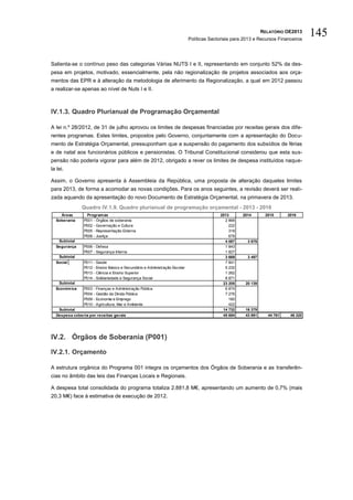 RELATÓRIO OE2013
                                                                              Políticas Sectoriais para 2013 e Recursos Financeiros
                                                                                                                                      145

Salienta-se o contínuo peso das categorias Várias NUTS I e II, representando em conjunto 52% da des-
pesa em projetos, motivado, essencialmente, pela não regionalização de projetos associados aos orça-
mentos das EPR e à alteração da metodologia de aferimento da Regionalização, a qual em 2012 passou
a realizar-se apenas ao nível de Nuts I e II.



IV.1.3. Quadro Plurianual de Programação Orçamental

A lei n.º 28/2012, de 31 de julho aprovou os limites de despesas financiadas por receitas gerais dos dife-
rentes programas. Estes limites, propostos pelo Governo, conjuntamente com a apresentação do Docu-
mento de Estratégia Orçamental, pressuponham que a suspensão do pagamento dos subsídios de férias
e de natal aos funcionários públicos e pensionistas. O Tribunal Constitucional considerou que esta sus-
pensão não poderia vigorar para além de 2012, obrigado a rever os limites de despesa instituídos naque-
la lei.

Assim, o Governo apresenta à Assembleia da República, uma proposta de alteração daqueles limites
para 2013, de forma a acomodar as novas condições. Para os anos seguintes, a revisão deverá ser reali-
zada aquando da apresentação do novo Documento de Estratégia Orçamental, na primavera de 2013.
               Quadro IV.1.9. Quadro plurianual de programação orçamental - 2013 - 2016
    Áreas        Program as                                                                 2013       2014       2015      2016
  Soberania     P001 - Órgãos de soberania                                                    2 868
                P002 - Governação e Cultura                                                     222
                P005 - Representação Externa                                                    319
                P008 - Justiça                                                                  679
   Subtotal                                                                                   4 087      3 676
  Segurança     P006 - Defesa                                                                 1 843
                P007 - Segurança Interna                                                      1 827
   Subtotal                                                                                   3 669      3 497
  Social        P011 -   Saúde                                                                7 841
                P012 -   Ensino Básico e Secundário e Administração Escolar                   5 232
                P013 -   Ciência e Ensino Superior                                            1 262
                P014 -   Solidariedade e Segurança Social                                     8 871
   Subtotal                                                                                  23 205     20 139
  Económ ica    P003 -   Finanças e Administração Pública                                     6 874
                P004 -   Gestão da Dívida Pública                                             7 276
                P009 -   Economia e Emprego                                                     160
                P010 -   Agricultura, Mar e Ambiente                                            422
   Subtotal                                                                                  14 732     16 379
  Despesa coberta por receitas gerais                                                        45 694     43 691     44 761    46 320




IV.2. Órgãos de Soberania (P001)

IV.2.1. Orçamento

A estrutura orgânica do Programa 001 integra os orçamentos dos Órgãos de Soberania e as transferên-
cias no âmbito das leis das Finanças Locais e Regionais.

A despesa total consolidada do programa totaliza 2.881,8 M€, apresentando um aumento de 0,7% (mais
20,3 M€) face à estimativa de execução de 2012.
 