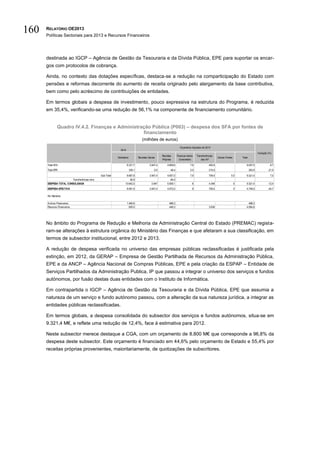 160   RELATÓRIO OE2013
      Políticas Sectoriais para 2013 e Recursos Financeiros




      destinada ao IGCP – Agência de Gestão da Tesouraria e da Dívida Pública, EPE para suportar os encar-
      gos com protocolos de cobrança.

      Ainda, no contexto das dotações específicas, destaca-se a redução na comparticipação do Estado com
      pensões e reformas decorrente do aumento de receita originado pelo alargamento da base contributiva,
      bem como pelo acréscimo de contribuições de entidades.

      Em termos globais a despesa de investimento, pouco expressiva na estrutura do Programa, é reduzida
      em 35,4%, verificando-se uma redução de 56,1% na componente de financiamento comunitário.


              Quadro IV.4.2. Finanças e Administração Pública (P003) – despesa dos SFA por fontes de
                                                  financiamento
                                                                                  (milhões de euros)
                                                                                                                   Orçamento Ajustado de 2013
                                                            2012
                                                                                                                                                                                        Variação (%)
                                                                                                   Receitas      Financia-mento   Transferências
                                                          Estimativa           Receitas Gerais                                                      Outras Fontes       Total
                                                                                                   Próprias        Comunitário        das AP

      Total SFA                                                    8.331,7               3.947,4       4.608,6              7,6             493,9                           9.057,5               8,7
      Total EPR                                                        336,1                 0,0          48,4              0,0             215,5                               263,9            -21,5

                                              Sub-Total            8.667,8               3.947,4       4.657,0              7,6             709,4              0,0          9.321,4               7,5
                       Transferências intra                          85,9                                 84,5
      DESPESA TOTAL CONSOLIDADA                                  10.642,5                  3.947       5.509,1                8             4.346                   0       9.321,4              -12,4
      DESPESA EFECTIVA                                             8.581,9               3.947,4       4.572,5                8             709,4                   0       4.748,5              -44,7

      Por Memória

      Activos Financeiros                                          1.460,6                               488,3                                                                488,3
      Passivos Financeiros                                           600,0                               448,3                              3.636                           4.084,6




      No âmbito do Programa de Redução e Melhoria da Administração Central do Estado (PREMAC) regista-
      ram-se alterações à estrutura orgânica do Ministério das Finanças e que afetaram a sua classificação, em
      termos de subsector institucional, entre 2012 e 2013.

      A redução de despesa verificada no universo das empresas públicas reclassificadas é justificada pela
      extinção, em 2012, da GERAP – Empresa de Gestão Partilhada de Recursos da Administração Pública,
      EPE e da ANCP – Agência Nacional de Compras Públicas, EPE e pela criação da ESPAP – Entidade de
      Serviços Partilhados da Administração Publica, IP que passou a integrar o universo dos serviços e fundos
      autónomos, por fusão destas duas entidades com o Instituto de Informática.

      Em contrapartida o IGCP – Agência de Gestão da Tesouraria e da Dívida Pública, EPE que assumia a
      natureza de um serviço e fundo autónomo passou, com a alteração da sua natureza jurídica, a integrar as
      entidades públicas reclassificadas.

      Em termos globais, a despesa consolidada do subsector dos serviços e fundos autónomos, situa-se em
      9.321,4 M€, e reflete uma redução de 12,4%, face à estimativa para 2012.

      Neste subsector merece destaque a CGA, com um orçamento de 8.800 M€ que corresponde a 96,8% da
      despesa deste subsector. Este orçamento é financiado em 44,6% pelo orçamento de Estado e 55,4% por
      receitas próprias provenientes, maioritariamente, de quotizações de subscritores.
 
