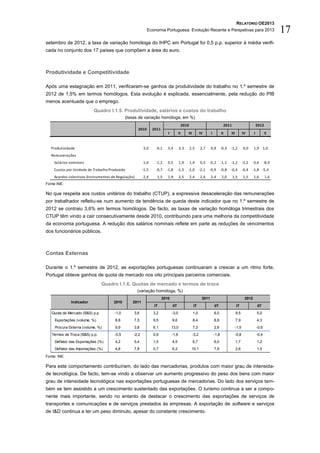 RELATÓRIO OE2013
                                                            Economia Portuguesa: Evolução Recente e Perspetivas para 2013                                                  17
setembro de 2012, a taxa de variação homóloga do IHPC em Portugal foi 0,5 p.p. superior à média verifi-
cada no conjunto dos 17 países que compõem a área do euro.



Produtividade e Competitividade

Após uma estagnação em 2011, verificaram-se ganhos da produtividade do trabalho no 1.º semestre de
2012 de 1,5% em termos homólogos. Esta evolução é explicada, essencialmente, pela redução do PIB
menos acentuada que o emprego.
                           Quadro I.1.5. Produtividade, salários e custos do trabalho
                                             (taxas de variação homóloga, em %)
                                                                                         2010                                    2011                        2012
                                                     2010      2011
                                                                         I          II      III          IV      I          II      III          IV      I          II


   Produtividade                                        3,0     -0,1     3,4        3,3         2,5      2,7     0,9        -0,3    -1,2         0,0     1,9 1,0
   Remunerações
    Salários nominais                                   1,0     -1,2     0,5        1,9         1,4      0,5    -0,2        -1,1    -1,2         -2,2   -3,6        -8,9
    Custos por Unidade de Trabalho Produzido            -1,5    -0,7    -1,8       -1,3     -1,0         -2,1   -0,9        -0,8    -0,4         -0,4   -1,8 -5,4
    Acordos colectivos (Instrumentos de Regulação)      2,4      1,5     1,9        2,5         2,4      2,4     2,4        2,0         1,5      1,5     1,6        1,6
Fonte INE.

No que respeita aos custos unitários do trabalho (CTUP), a expressiva desaceleração das remunerações
por trabalhador refletiu-se num aumento da tendência de queda deste indicador que no 1.º semestre de
2012 se contraiu 3,6% em termos homólogos. De facto, as taxas de variação homóloga trimestrais dos
CTUP têm vindo a cair consecutivamente desde 2010, contribuindo para uma melhoria da competitividade
da economia portuguesa. A redução dos salários nominais reflete em parte as reduções de vencimentos
dos funcionários públicos.



Contas Externas

Durante o 1.º semestre de 2012, as exportações portuguesas continuaram a crescer a um ritmo forte.
Portugal obteve ganhos de quota de mercado nos oito principais parceiros comerciais.
                                 Quadro I.1.6. Quotas de mercado e termos de troca
                                                     (variação homóloga, %)
                                                                      2010                                2011                                    2012
              Indicador               2010       2011
                                                               IT            IIT                  IT                 IIT                  IT                 IIT
   Quota de Mercado (B&S) p.p.        -1,0       3,6           3,2           -3,0                 1,0                6,0                  9,5                5,0
     Exportações (volume, %)          8,8        7,5           9,5           9,6                  8,4                8,8                  7,9                4,3
     Procura Externa (volume, %)      9,9        3,8           6,1           13,0                 7,3                2,6                  -1,5               -0,6
   Termos de Troca (B&S) p.p.         -0,5       -2,2          0,9           -1,6                 -3,2               -1,8                 -0,8               -0,4
     Deflator das Exportações (%)     4,2        5,4           1,5           4,5                  6,7                6,0                  1,7                1,2
     Deflator das Importações (%)     4,8        7,8           0,7           6,2                 10,1                7,9                  2,6                1,5

Fonte: INE.

Para este comportamento contribuíram, do lado das mercadorias, produtos com maior grau de intensida-
de tecnológica. De facto, tem-se vindo a observar um aumento progressivo do peso dos bens com maior
grau de intensidade tecnológica nas exportações portuguesas de mercadorias. Do lado dos serviços tam-
bém se tem assistido a um crescimento sustentado das exportações. O turismo continua a ser a compo-
nente mais importante, sendo no entanto de destacar o crescimento das exportações de serviços de
transportes e comunicações e de serviços prestados às empresas. A exportação de software e serviços
de I&D continua a ter um peso diminuto, apesar do constante crescimento.
 