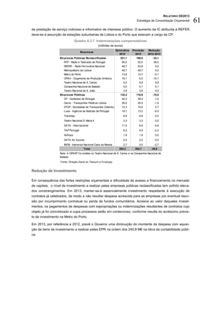RELATÓRIO OE2013
                                                                                   Estratégia de Consolidação Orçamental     61
de prestação de serviço noticioso e informativo de interesse público. O aumento da IC atribuída à REFER
deve-se à assunção de estações suburbanas de Lisboa e do Porto que estavam a cargo da CP.
                                Quadro II.3.7. Indemnizações compensatórias
                                                     (milhões de euros)
                                                                 Estim ativa    Previsão    Redução
                                     Em presas
                                                                    2012          2013      2012-2013
                   Em presas Públicas Reclassificadas                221,1        188,0         -33,1
                      RTP - Rádio e Televisão de Portugal             90,0         52,0         -38,0
                      REFER - Rede Ferroviária Nacional               48,7         53,8           5,0
                      Metropolitano de Lisboa                         49,7         49,7           0,0
                      Metro do Porto                                  13,8         13,7          -0,1
                      OPArt - Organismo de Produção Artística         15,1          0,0         -15,1
                      Teatro Nacional de S. Carlos                        0,0       9,9           9,9
                      Companhia Nacional de Bailado                       0,0       5,1           5,1
                      Teatro Nacional de S. João                          3,8       3,8           0,0
                   Em presas Públicas                                132,2        116,8         -15,5
                      CP - Comboios de Portugal                       40,3         39,3          -1,0
                      Carris - Transportes Públicos Lisboa            26,0         24,5          -1,5
                      STCP - Sociedade de Transportes Colectivos do Porto
                                                                     12,3          15,0           2,7
                      Lusa - Agência de Notícias de Portugal          19,1         13,2          -6,0
                      Transtejo                                           6,9       6,8           0,0
                      Teatro Nacional D. Maria II                         3,3       3,3           0,0
                      SATA - Internacional                            11,5          6,9          -4,6
                      TAP Portugal                                        6,2       4,0          -2,2
                      Soflusa                                             1,9       1,9           0,0
                      SATA Air Açores                                     2,0       2,0           0,0
                      INCM - Imprensa Nacional Casa da Moeda              2,7       0,0          -2,7
                                       Total                        353,3        304,7        -48,6
                   Nota: A OPART foi cindida no Teatro Nacional de S. Carlos e na Companhia Nacional de
                   Bailado
                   Fonte: Direção-Geral do Tesouro e Finanças.


Redução de Investimento

Em consequência das fortes restrições orçamentais e dificuldade de acesso a financiamento no mercado
de capitais, o nível de investimento a realizar pelas empresas públicas reclassificadas tem sofrido eleva-
dos constrangimentos. Em 2013, manter-se-á essencialmente investimento respeitante à execução de
contratos já celebrados, de modo a não resultar despesa acrescida para as empresas por eventual resci-
são por incumprimento contratual ou perda de fundos comunitários. Acresce ao valor daqueles investi-
mentos, os pagamentos de despesas com expropriações ou indemnizações resultantes de contratos cujo
objeto já foi concretizado e cujos processos estão em contencioso, conforme resulta do acréscimo previs-
to de investimento na Metro do Porto.

Em 2013, por referência a 2012, prevê o Governo uma diminuição do montante da despesa com aquisi-
ção de bens de investimento a realizar pelas EPR na ordem dos 240,8 M€ na ótica da contabilidade públi-
ca.
 