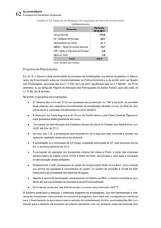 RELATÓRIO OE2013
62   Estratégia de Consolidação Orçamental

                  Quadro II.3.8. Redução de despesa com aquisição de bens de investimento
                                                       (milhões de euros)
                                                                            Redução
                                                 Em presa
                                                                            2012-2013
                                  Parque Escolar                                -175,9
                                  EP - Estradas de Portugal                      -25,7
                                  Metropolitano de Lisboa                        -21,1
                                  REFER - Rede Ferroviária Nacional              -16,1
                                  RTP - Rádio e Televisão de Portugal             -4,8
                                  Metro do Porto                                   2,8
                                                   Total                     -240,8
                                  Fonte: Ministério das Finanças.


     Programa de Privatizações

     Em 2013, o Governo dará continuidade ao processo de privatizações nos termos acordados no Memo-
     rando de Entendimento sobre as Condicionalidades de Política Económica e de acordo com Lei Quadro
     das Privatizações, aprovada pela Lei n.º 11/90, de 5 de abril, republicada pela Lei n.º 50/2011, de 13 de
     setembro, ou ao abrigo do Regime de Alienação das Participações do Sector Público, aprovado pela Lei
     n.º 71/88, de 24 de maio.

     No âmbito do programa de privatizações:

             O Governo deu início em 2012 aos processos de privatização da TAP e da ANA. As decisões
              finais relativas aos respetivos procedimentos de privatização deverão ocorrer no final do ano,
              prevendo-se a conclusão dos processos no início de 2013;

             A alienação da Caixa Seguros e do Grupo de Saúde detidos pela Caixa Geral de Depósitos,
              cujos processos estão igualmente em curso;

             O processo de reprivatização dos Estaleiros Navais de Viana do Castelo, que deverá estar con-
              cluído até final de 2012;

             No caso dos CTT, a privatização será lançada em 2013 logo que seja concluída a revisão das
              regras de regulação deste sector de atividade;

             A privatização ou a concessão da CP Carga, sociedade participada da CP, será concluída até ao
              fim do primeiro semestre de 2013;

             A concessão da operação dos transportes urbanos de Lisboa e Porto, a cargo das empresas
              públicas Metro de Lisboa, Carris, STCP e Metro do Porto, será levada a cabo após a conclusão
              da restruturação destas entidades;

             Relativamente à AdP, prosseguem as ações de reorganização deste Grupo bem como o estudo
              dos termos da regulação e concorrência do sector, no sentido de proceder à venda da EGF
              (resíduos) e às concessões dos sistemas de águas;

             Quanto à venda da participação remanescente do Estado na REN, a mesma encontra-se pen-
              dente até que as condições de mercado evoluam favoravelmente;

             Encontra-se, ainda, em fase final de estudo o processo de privatização da RTP.

     O Governo continuará a executar o ambicioso programa de privatizações, que tem demonstrado o inte-
     resse de investidores internacionais na economia portuguesa. Para além das consequências benéficas
     para o financiamento da economia e para a redução do endividamento público, as privatizações têm con-
     tribuído para a abertura da economia ao exterior permitindo criar um ambiente mais concorrencial com
 