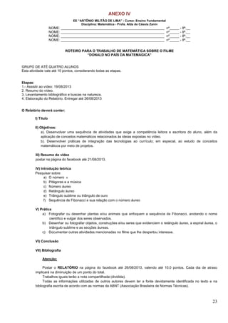 23
ANEXO IV
EE “ANTÔNIO MILITÃO DE LIMA” - Curso: Ensino Fundamental
Disciplina: Matemática - Profa. Alda de Cássia Zanin
NOME: ______________________________________________________ nº_____ - 8ª.__
NOME: ______________________________________________________ nº_____ - 8ª.__
NOME: ______________________________________________________ nº_____ - 8ª.__
NOME: ______________________________________________________ nº_____ - 8ª.__
ROTEIRO PARA O TRABALHO DE MATEMÁTICA SOBRE O FILME
“DONALD NO PAÍS DA MATEMÁGICA”
GRUPO DE ATÉ QUATRO ALUNOS
Esta atividade vale até 10 pontos, considerando todas as etapas.
Etapas:
1.- Assistir ao vídeo: 19/08/2013
2. Resumo do vídeo.
3. Levantamento bibliográfico e buscas na natureza.
4. Elaboração do Relatório. Entregar até 26/08/2013
O Relatório deverá conter:
I) Título
II) Objetivos:
a). Desenvolver uma sequência de atividades que exige a competência leitora e escritora do aluno, além da
aplicação de conceitos matemáticos relacionados às ideias expostas no vídeo.
b). Desenvolver práticas de integração das tecnologias ao currículo; em especial, ao estudo de conceitos
matemáticos por meio de projetos.
III) Resumo do vídeo
postar na página do facebook até 21/08/2013.
IV) Introdução teórica
Pesquisar sobre:
a) O número 
b) Pitágoras e a música
c) Número áureo
d) Retângulo áureo
e) Triângulo sublime ou triângulo de ouro
f) Sequência de Fibonacci e sua relação com o número áureo
V) Prática
a) Fotografar ou desenhar plantas e/ou animais que enfoquem a sequência de Fibonacci, anotando o nome
científico e vulgar dos seres observados.
b) Desenhar ou fotografar objetos, construções e/ou seres que evidenciem o retângulo áureo, a espiral áurea, o
triângulo sublime e as secções áureas.
c) Documentar outras atividades mencionadas no filme que lhe despertou interesse.
VI) Conclusão
VII) Bibliografia
Atenção:
Postar o RELATÓRIO na página do facebook até 26/08/2013, valendo até 10,0 pontos. Cada dia de atraso
implicará na diminuição de um ponto do total.
Trabalhos iguais terão a nota compartilhada (dividida).
Todas as informações utilizadas de outros autores devem ter a fonte devidamente identificada no texto e na
bibliografia escrita de acordo com as normas da ABNT (Associação Brasileira de Normas Técnicas).
 