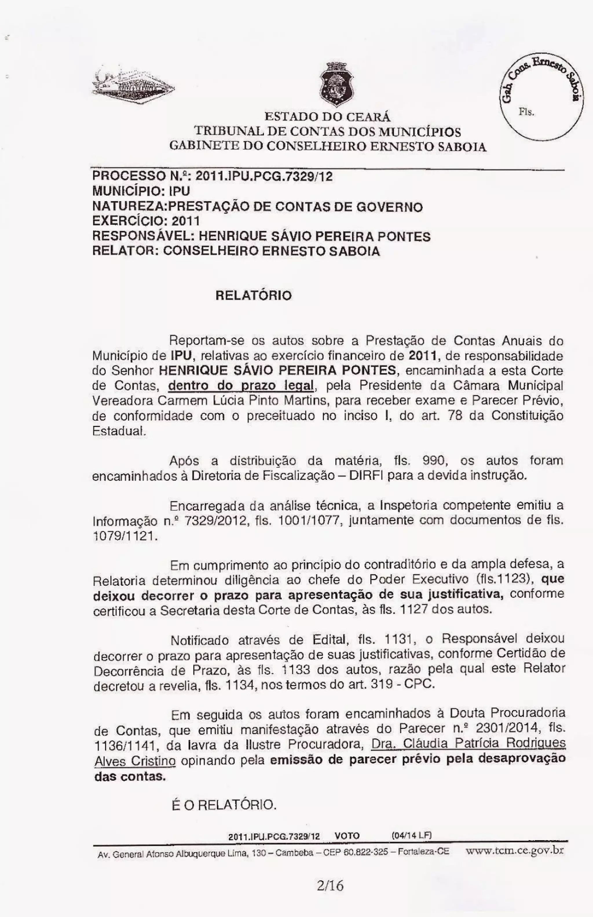 Relatório do tcm desaprovando as contas de sávio pontes