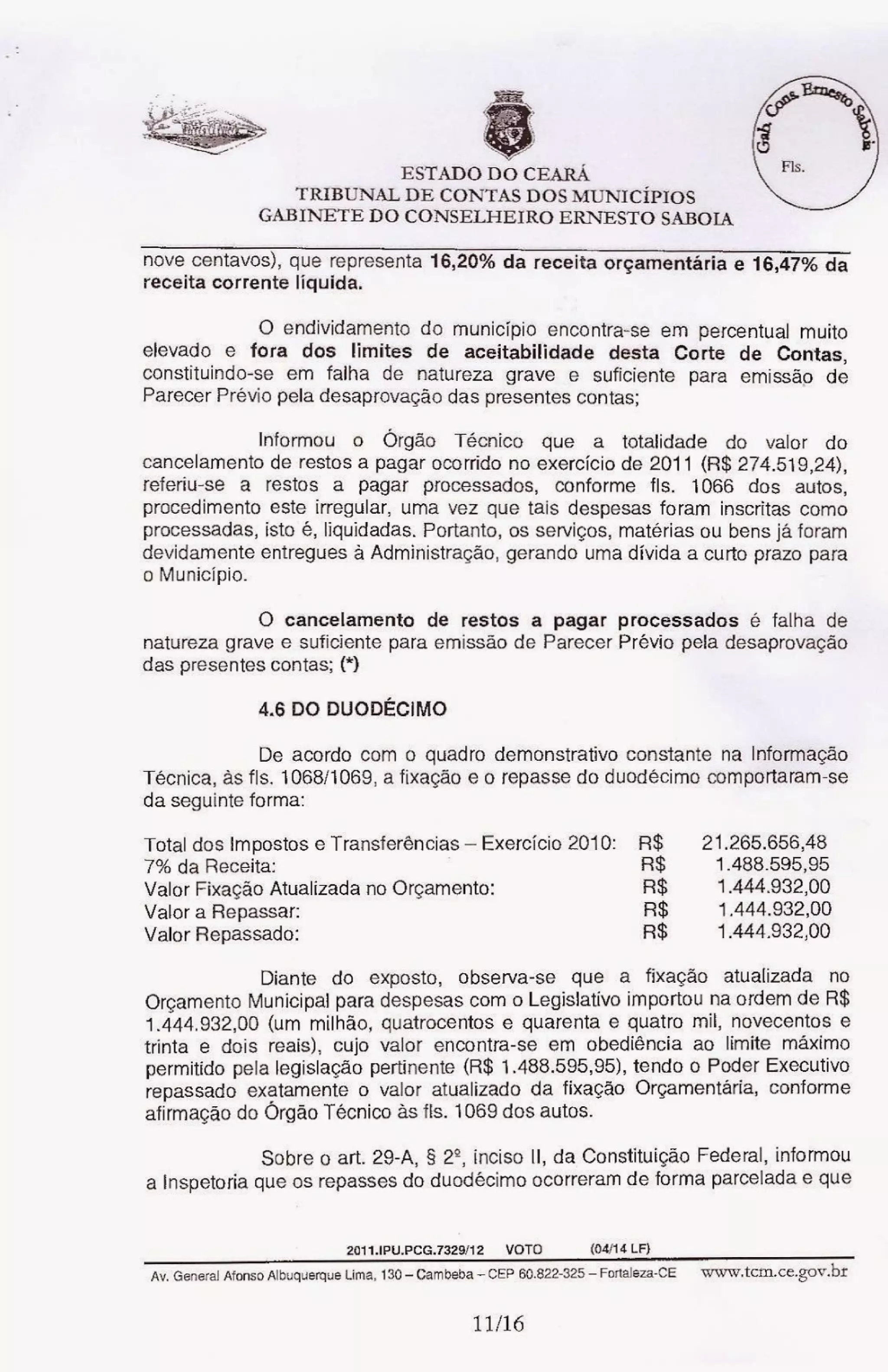 Relatório do tcm desaprovando as contas de sávio pontes