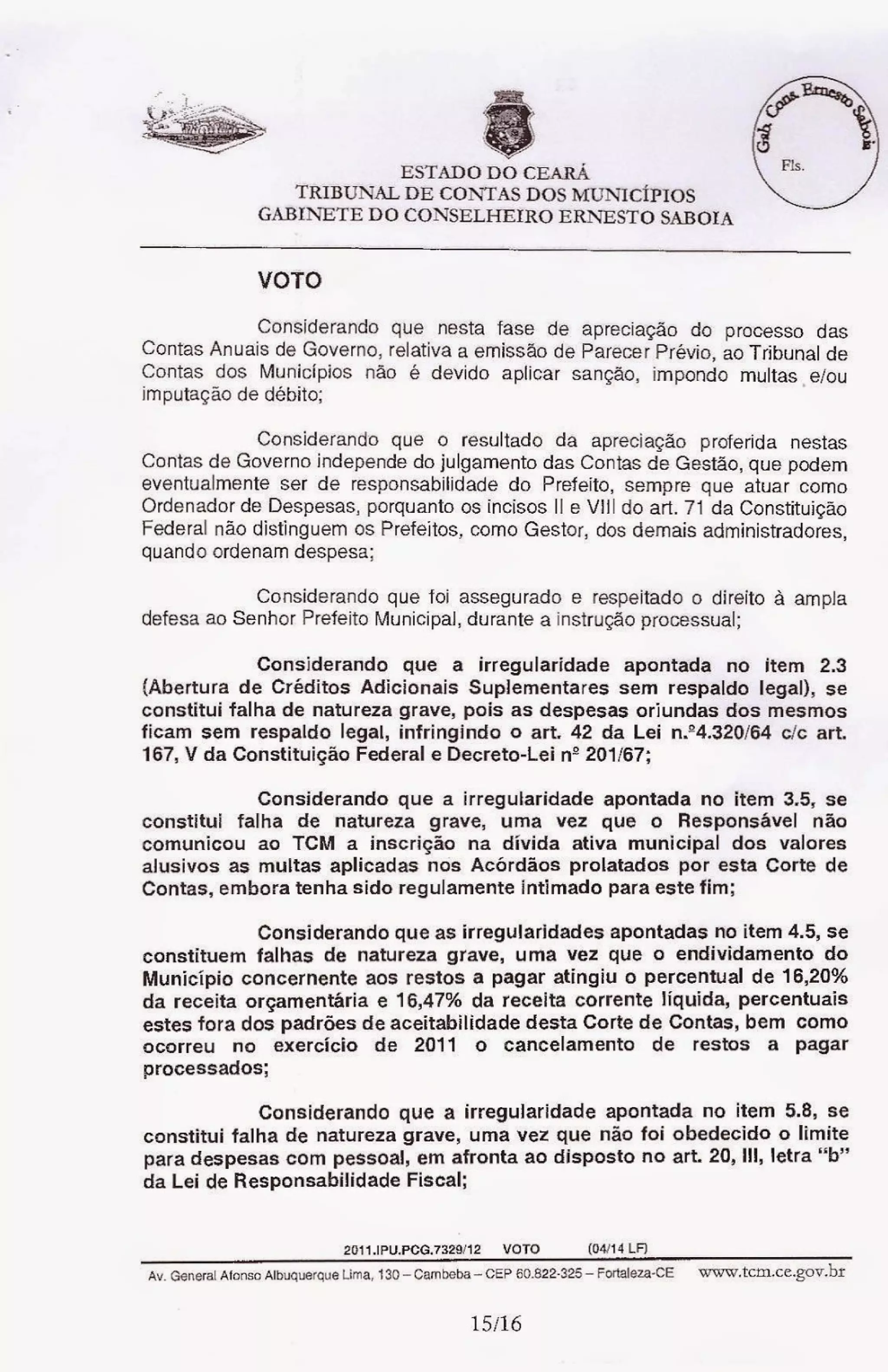 Relatório do tcm desaprovando as contas de sávio pontes