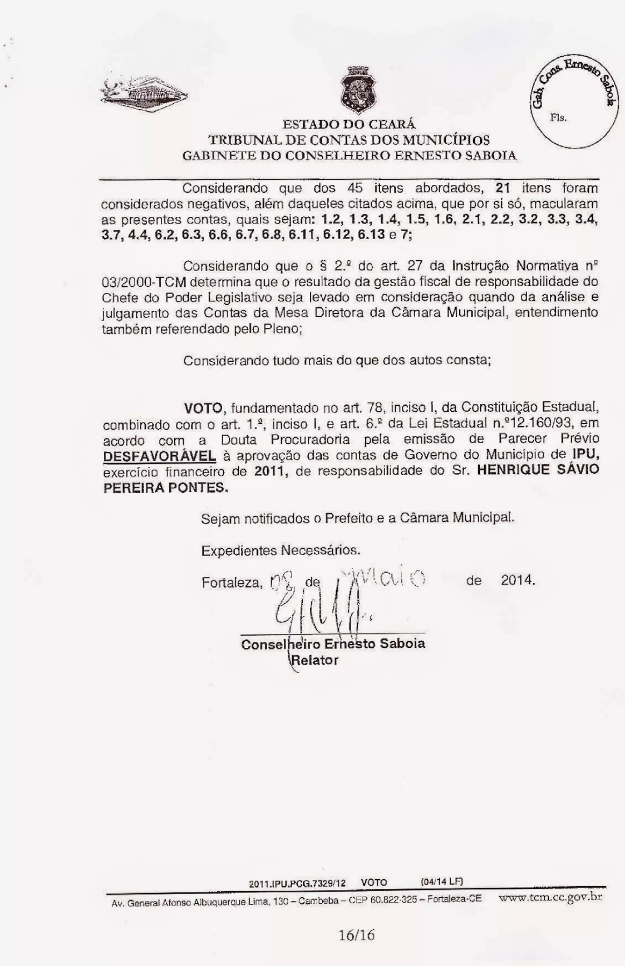 Relatório do tcm desaprovando as contas de sávio pontes