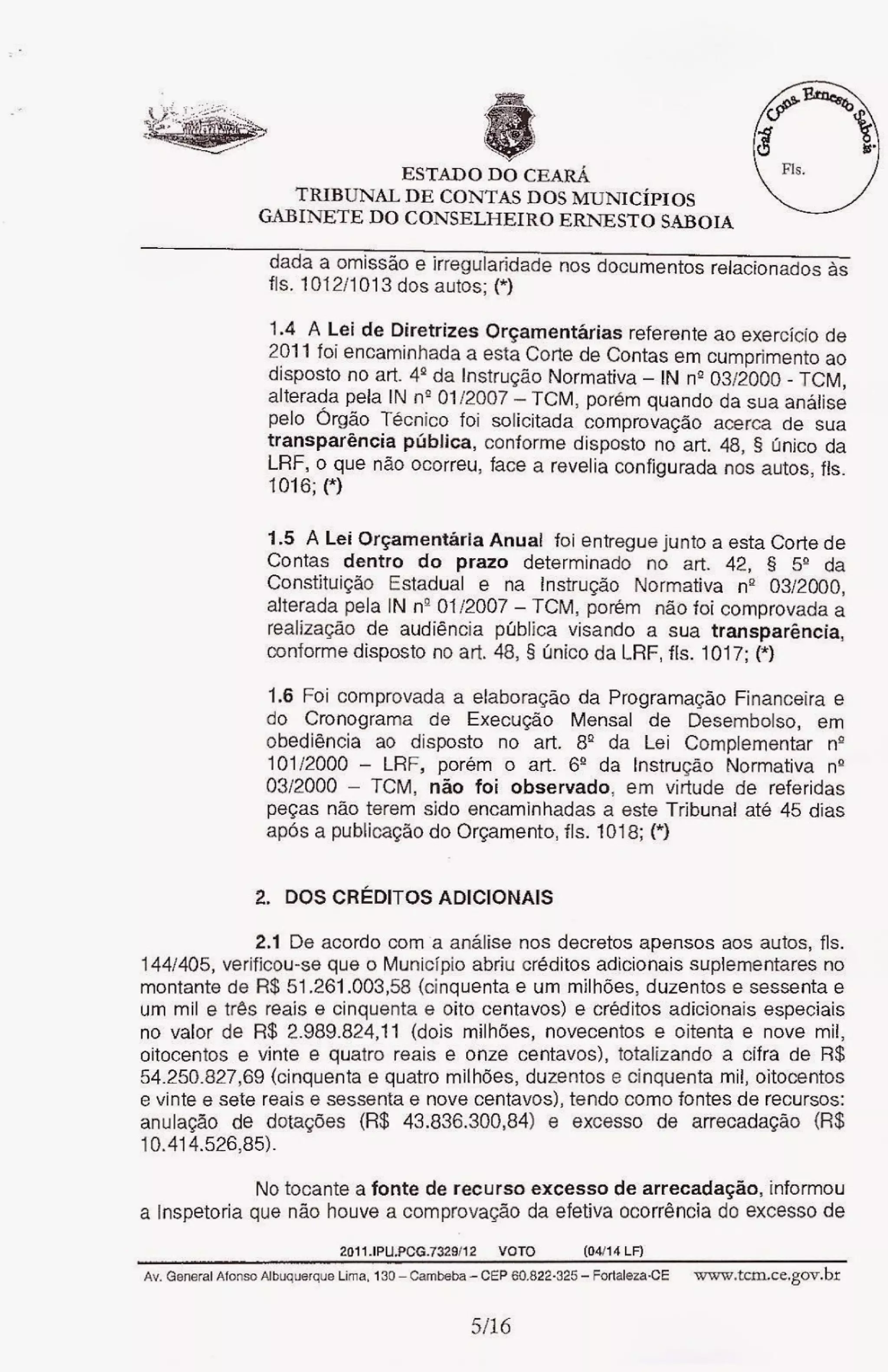 Relatório do tcm desaprovando as contas de sávio pontes