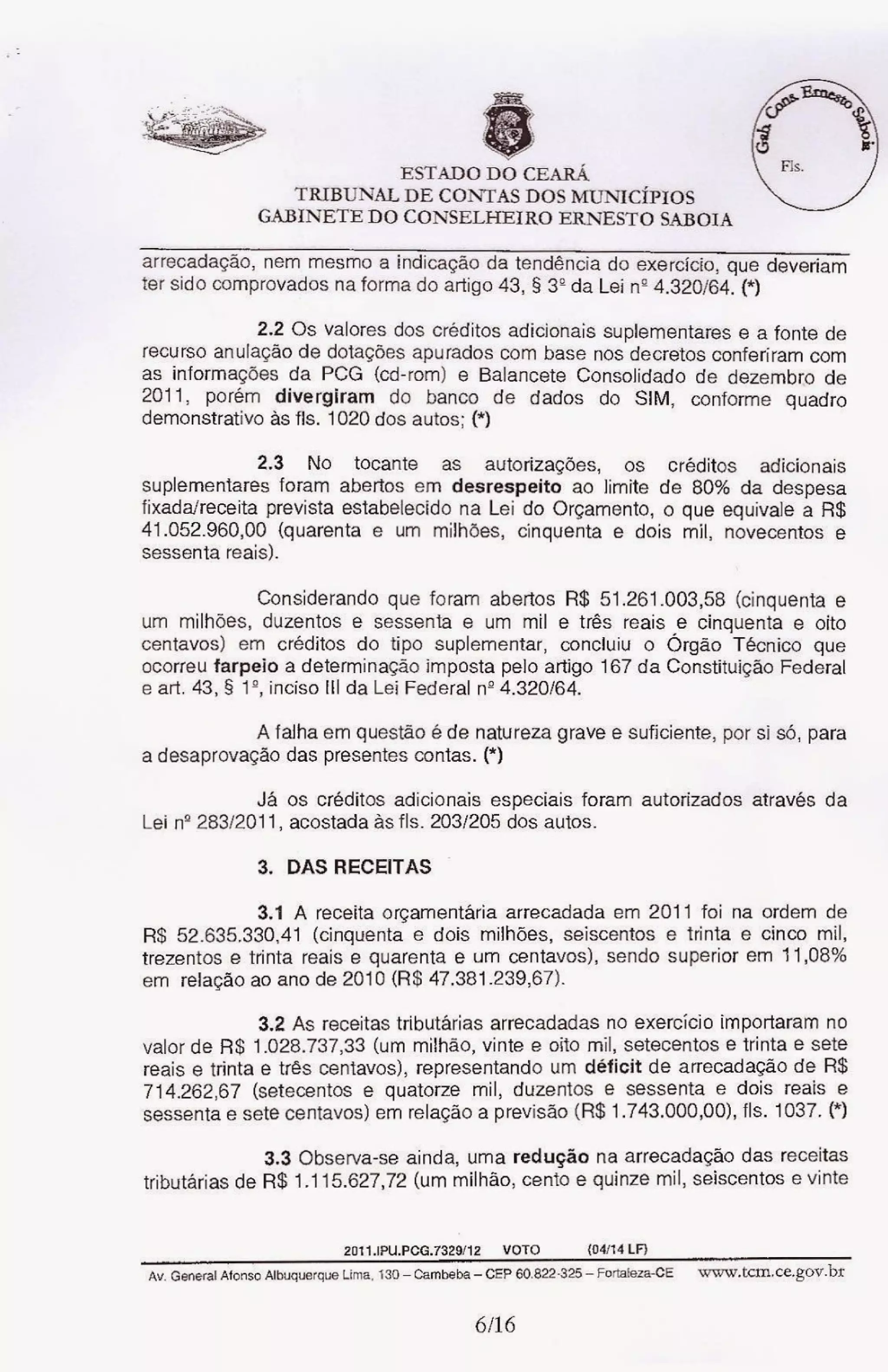 Relatório do tcm desaprovando as contas de sávio pontes