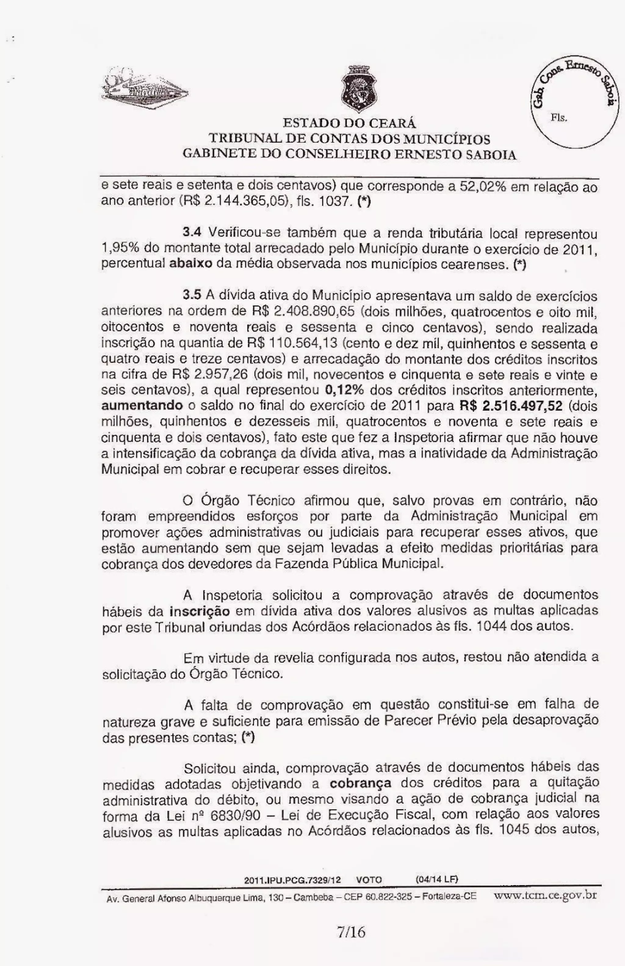 Relatório do tcm desaprovando as contas de sávio pontes