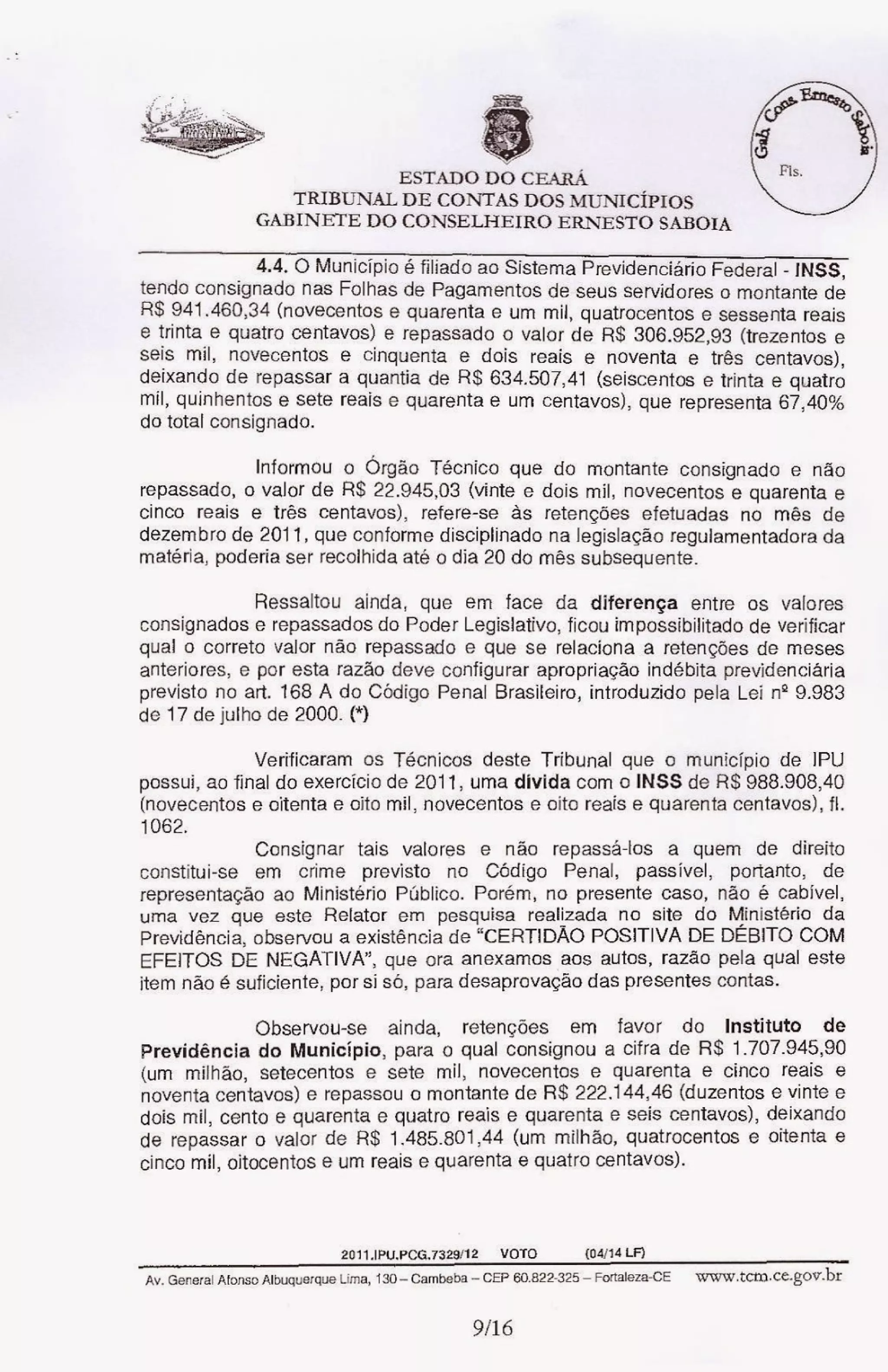 Relatório do tcm desaprovando as contas de sávio pontes