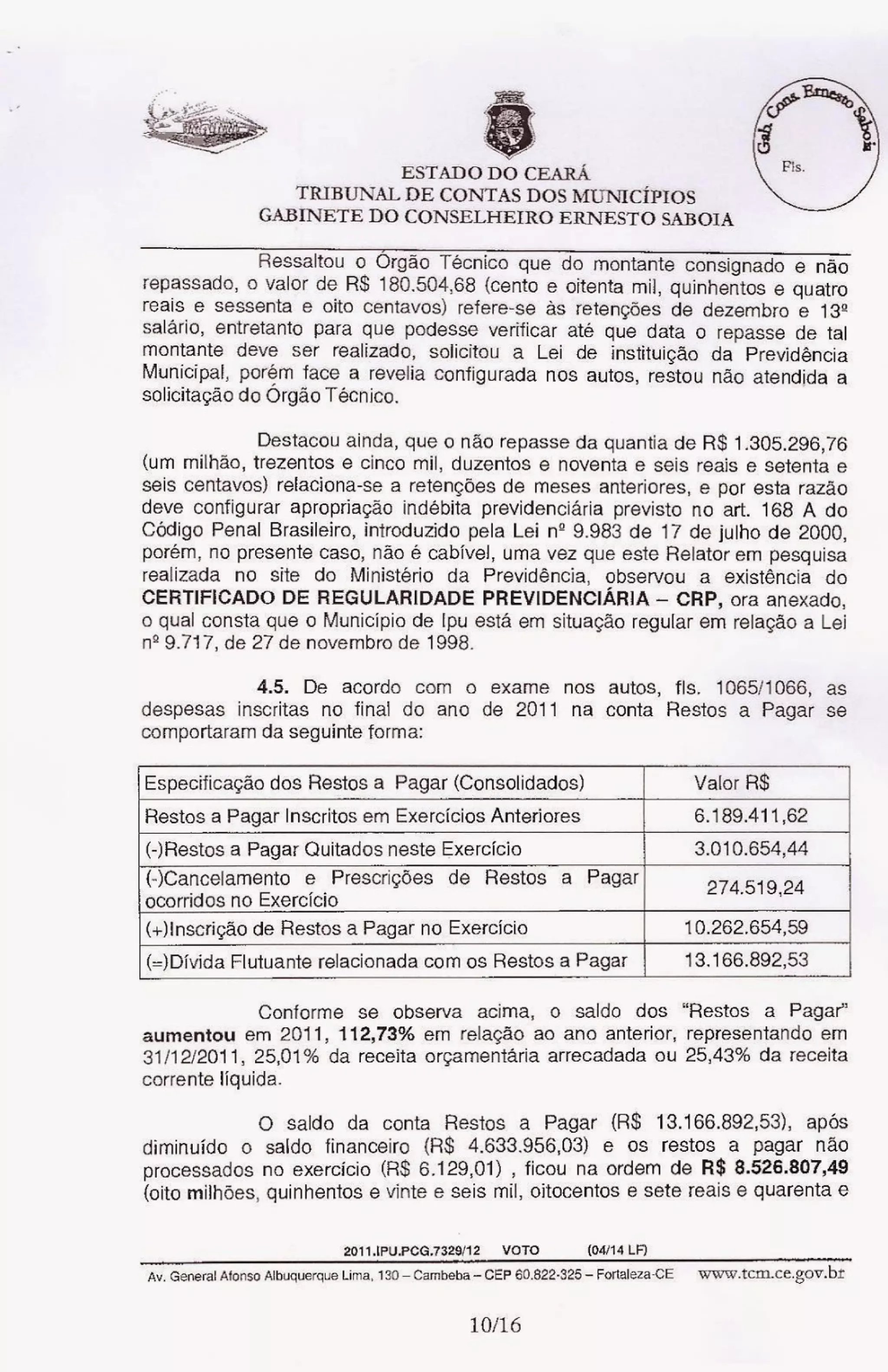 Relatório do tcm desaprovando as contas de sávio pontes