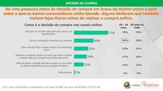 21
Há uma pesquisa antes da decisão de compra em busca de melhor preço e para
saber o que os outros consumidores estão falando. Alguns declaram que também
visitam lojas físicas antes de realizar a compra online.
Q14. E como é a sua decisão de compra quando você compra nos sites / loja online/ internet? Base: 673/ 425/ 248
Como é a decisão de compra nos canais online
3%
22%
29%
32%
45%
77%
Outra maneira
Antes de tomar a decisão final para comprar na loja online
eu obtenho sugestões de meus amigos/ familiares
Pesquiso na internet, depois vou numa loja olhar o produto
e depois volto para comprar na internet/ loja online
Visito uma loja física e depois compro na internet/loja
online
Leio os comentários e resenhas dos produtos
Pesquiso em diversas lojas online por preços e as
especificações
DECISÃO DE COMPRA
50% 35%
33% 31%
27% 33%
23% 21%
4% 6%
18 – 34
anos
35 anos ou
mais
78% 75%
 