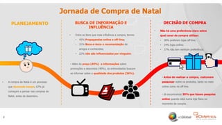 4
Jornada de Compra de Natal
4
• A compra de Natal é um processo
que demanda tempo, 67% já
começam a pensar nas compras de
Natal, antes de dezembro.
• Entre as itens que mais influência a compra, temos:
• 45% Propagandas online e off-line;
• 31% Boca-a-boca e recomendação de
amigos e conhecidos;
• 22% não são influenciados por ninguém.
• Não há uma preferência clara sobre
qual canal de compra utilizar:
• 38% preferem lojas off-line;
• 24% lojas online;
• 37% não tem nenhum preferência.
• Além do preço (49%) e informações sobre
promoções e descontos (40%), os entrevistados buscam
se informar sobre a qualidade dos produtos (34%).
• Já encontramos 39% que fazem pesquisa
online quando está numa loja física no
momento da compra.
• Antes de realizar a compra, costumam
pesquisar sobre os produtos, tanto no meio
online como no off-line.
DECISÃO DE COMPRABUSCA DE INFORMAÇÃO E
INFLUÊNCIA
PLANEJAMENTO
 