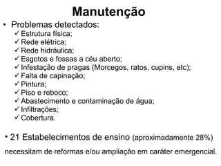 Manutenção   Problemas detectados: Estrutura física; Rede elétrica; Rede hidráulica; Esgotos e fossas a céu aberto; Infestação de pragas (Morcegos, ratos, cupins, etc); Falta de capinação; Pintura; Piso e reboco; Abastecimento e contaminação de água; Infiltrações; Cobertura. 21 Estabelecimentos de ensino  (aproximadamente 28%) necessitam de reformas e/ou ampliação em caráter emergencial.   