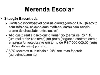 Merenda Escolar   Situação Encontrada : Cardápio incompatível com as orientações do CAE (biscoito com refresco, bolacha com maltado, curau com canela, creme de chocolate, entre outros); Alto custo real e baixo custo benefício (cerca de R$ 1,10 (um real e dez centavos) por prato (segundo contrato com a empresa fornecedora) e em torno de R$ 7 000 000,00 (sete milhões de reais) por ano; 80% recursos municipais e 20% recursos federais (aproximadamente). 