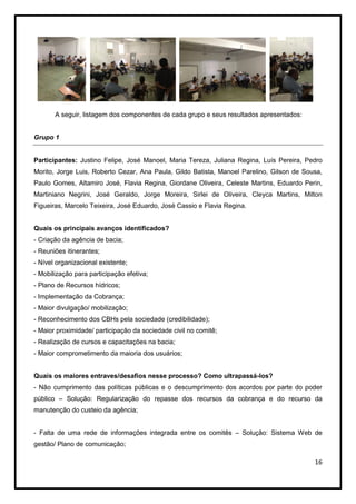 A seguir, listagem dos componentes de cada grupo e seus resultados apresentados:


Grupo 1


Participantes: Justino Felipe, José Manoel, Maria Tereza, Juliana Regina, Luís Pereira, Pedro
Morito, Jorge Luis, Roberto Cezar, Ana Paula, Gildo Batista, Manoel Parelino, Gilson de Sousa,
Paulo Gomes, Altamiro José, Flavia Regina, Giordane Oliveira, Celeste Martins, Eduardo Perin,
Martiniano Negrini, José Geraldo, Jorge Moreira, Sirlei de Oliveira, Cleyca Martins, Milton
Figueiras, Marcelo Teixeira, José Eduardo, José Cassio e Flavia Regina.


Quais os principais avanços identificados?
- Criação da agência de bacia;
- Reuniões itinerantes;
- Nível organizacional existente;
- Mobilização para participação efetiva;
- Plano de Recursos hídricos;
- Implementação da Cobrança;
- Maior divulgação/ mobilização;
- Reconhecimento dos CBHs pela sociedade (credibilidade);
- Maior proximidade/ participação da sociedade civil no comitê;
- Realização de cursos e capacitações na bacia;
- Maior comprometimento da maioria dos usuários;


Quais os maiores entraves/desafios nesse processo? Como ultrapassá-los?
- Não cumprimento das políticas públicas e o descumprimento dos acordos por parte do poder
público – Solução: Regularização do repasse dos recursos da cobrança e do recurso da
manutenção do custeio da agência;


- Falta de uma rede de informações integrada entre os comitês – Solução: Sistema Web de
gestão/ Plano de comunicação;

                                                                                           16
 