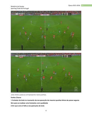 Relatório de Equipa
Sporting Clube de Portugal
4
4Época 2015-2016
João Mário parecia omnipresente nesta partida.
Pontos Chave:
1-Portador da bola no momento da recuperação da mesma quantas linhas de passe seguras
têm para se realizar uma transição com qualidade
2-Em que zona é feita a recuperação de bola
 