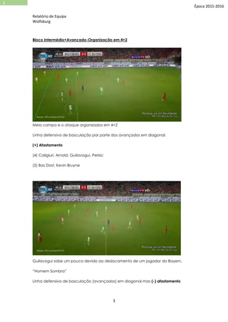 Relatório de Equipa
Wolfsburg
3
3
Época 2015-2016
Bloco Intermédio+Avançado-Organização em 4+2
Meio campo e o ataque organizados em 4+2
Linha defensiva de basculação por parte dos avançados em diagonal.
(+) Afastamento
(4) Caligiuri, Arnold, Guilavogui, Perisic
(2) Bas Dost, Kevin Bruyne
Guilavogui sobe um pouco devido ao deslocamento de um jogador do Bayern,
“Homem Sombra”
Linha defensiva de basculação (avançados) em diagonal mas (-) afastamento
 