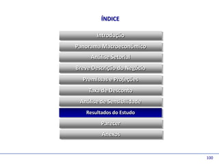 D e lo itte
                       ÍNDICE

                     Introdução
              Panorama Macroeconômico
                   Análise Setorial
              Breve Descrição do Negócio
                Premissas e Projeções
                  Taxa de Desconto
               Análise de Sensibilidade
                 Resultados do Estudo

                       Parecer
                       Anexos


                                           100
 