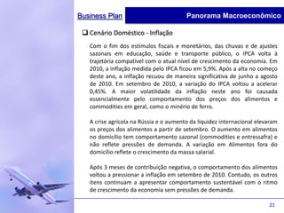 Business Plan                           Panorama Macroeconômico

  Cenário Doméstico - Inflação
   Com o fim dos estímulos fiscais e monetários, das chuvas e de ajustes
   sazonais em educação, saúde e transporte público, o IPCA volta à
   trajetória compatível com o atual nível de crescimento da economia. Em
   2010, a inflação medida pelo IPCA ficou em 5,9%. Após a alta no começo
   deste ano, a inflação recuou de maneira significativa de junho a agosto
   de 2010. Em setembro de 2010, a variação do IPCA voltou a acelerar
   0,45%. A maior volatilidade da inflação neste ano foi causada
   essencialmente pelo comportamento dos preços dos alimentos e
   commodities em geral, como o minério de ferro.

   A crise agrícola na Rússia e o aumento da liquidez internacional elevaram
   os preços dos alimentos a partir de setembro. O aumento em alimentos
   no domicílio tem comportamento sazonal (commodities e entressafra) e
   não reflete pressões de demanda. A variação em Alimentos fora do
   domicílio reflete o crescimento da massa salarial.

   Após 3 meses de contribuição negativa, o comportamento dos alimentos
   voltou a pressionar a inflação em setembro de 2010. Contudo, os outros
   itens continuam a apresentar comportamento sustentável com o ritmo
   de crescimento da economia sem pressões de demanda.

                                                                        21
 