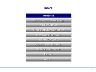 D e lo itte
                       ÍNDICE

                      Introdução

              Panorama Macroeconômico
                   Análise Setorial
              Breve Descrição do Negócio
                Premissas e Projeções
                  Taxa de Desconto
               Análise de Sensibilidade
                Resultados do Estudo
                       Parecer
                       Anexos


                                           3
 